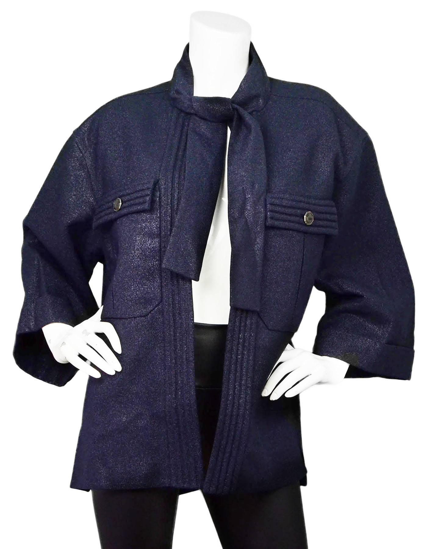 Black Chanel 2012 Iridescent Navy Wool Swing Jacket sz FR48