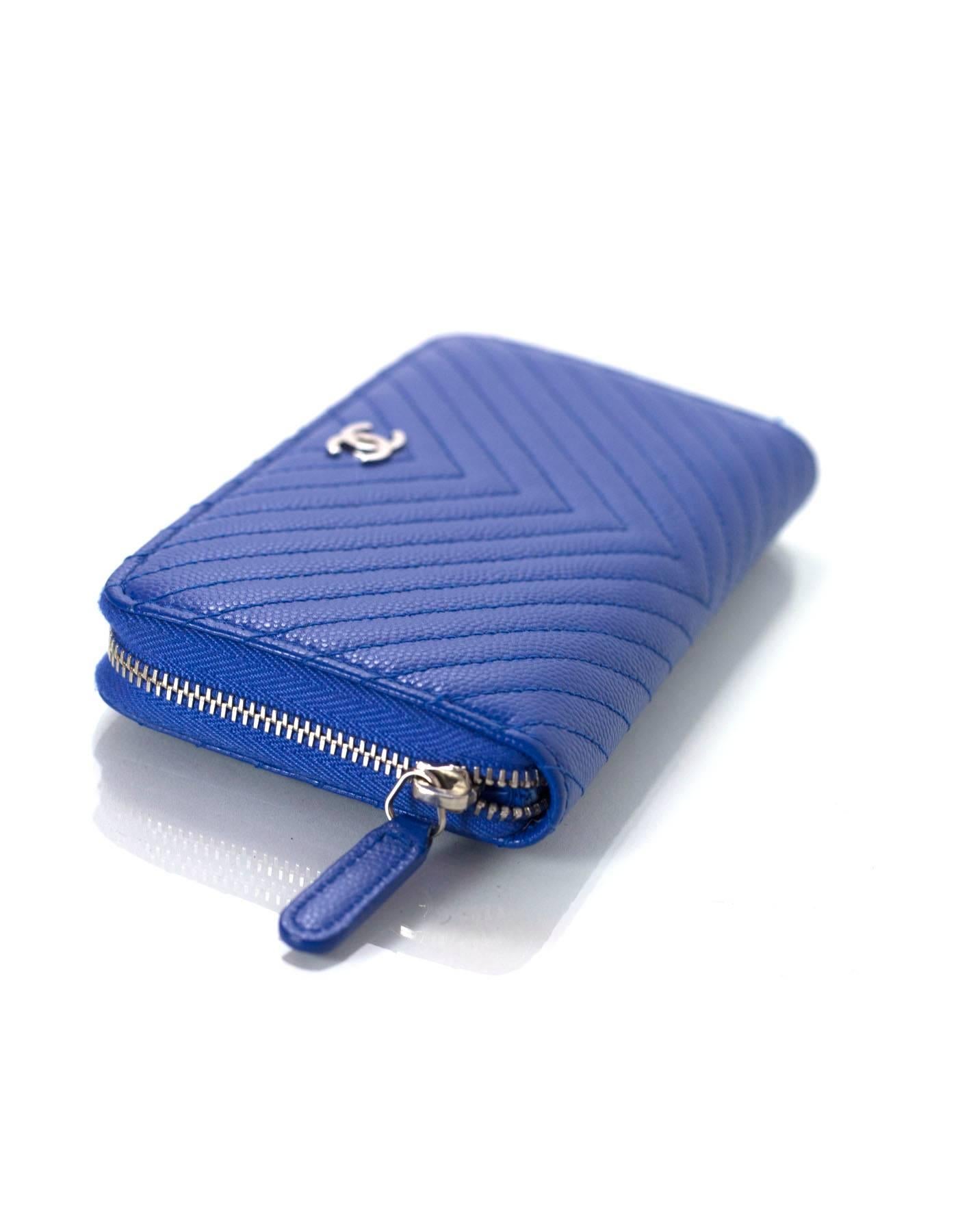 Women's Chanel 2016 Cobalt Blue Chevron Quilted Caviar Leather Small Zip Wallet