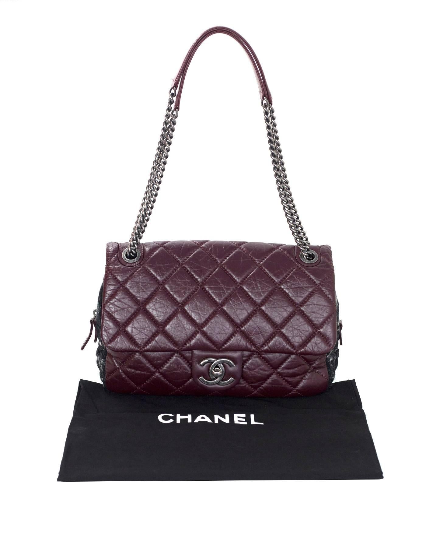 Chanel Burgundy Quilted Distressed Leather Quilted Flap Bag w/ Tweed Trim  3