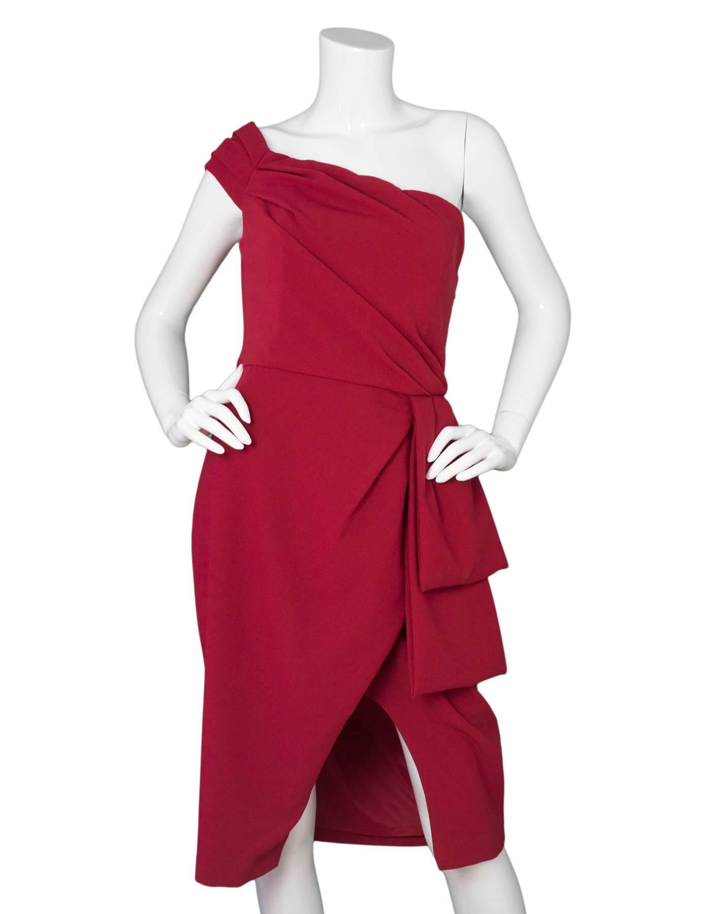 Black Halo Red Angelica Asymmetrical Dress
Features asymmetric neckline and pleating at hip

Made In: USA
Color: Brick red
Composition: 77% polyamide, 16% viscose, 7% spandex
Lining: Red, 95% polyamide, 5% spandex
Closure/Opening: Hidden side