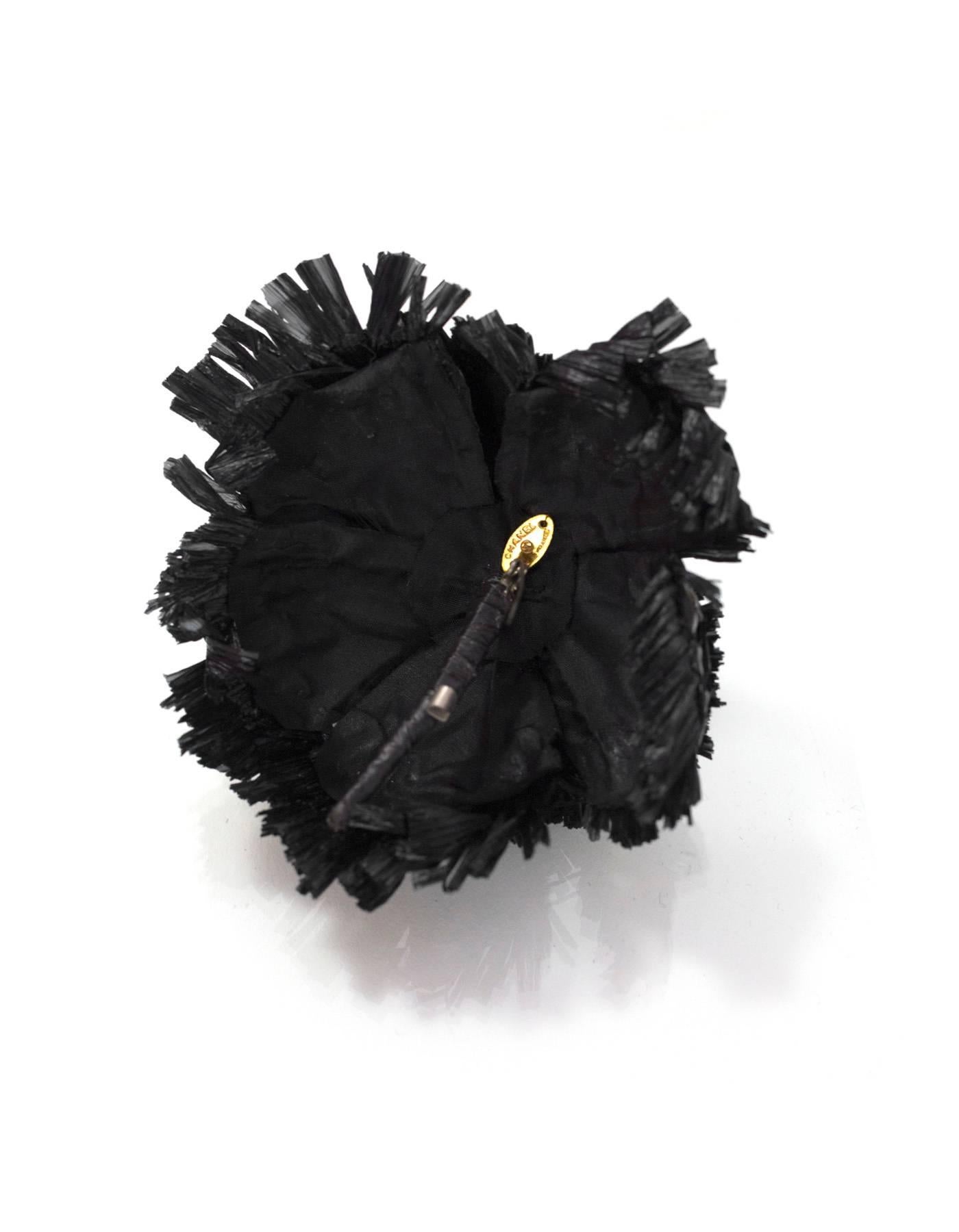 Chanel Black Raffia Camelia Brooch Pin In Excellent Condition In New York, NY