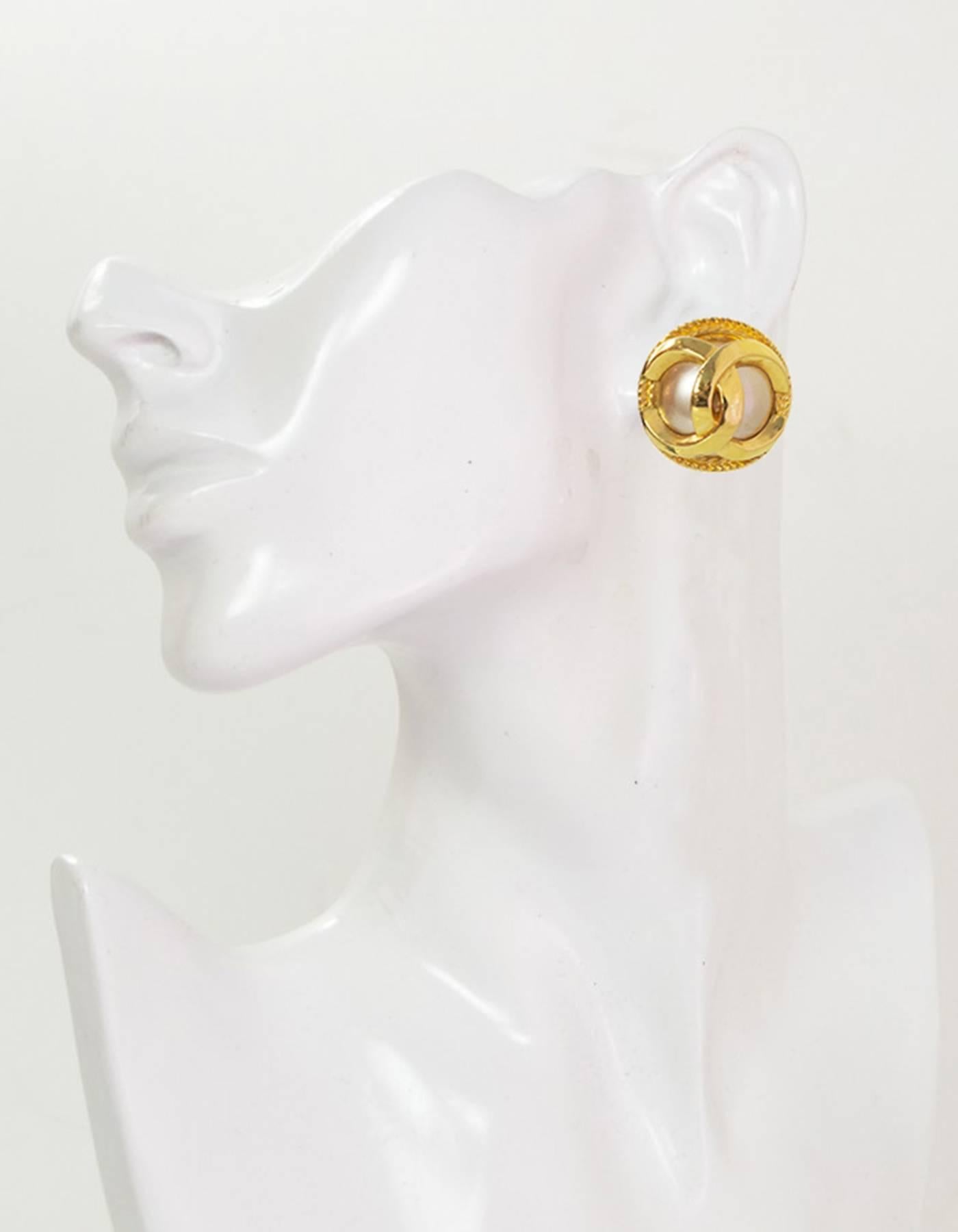 Chanel Vintage Goldtone & Faux Pearl CC Clip On Earrings  2