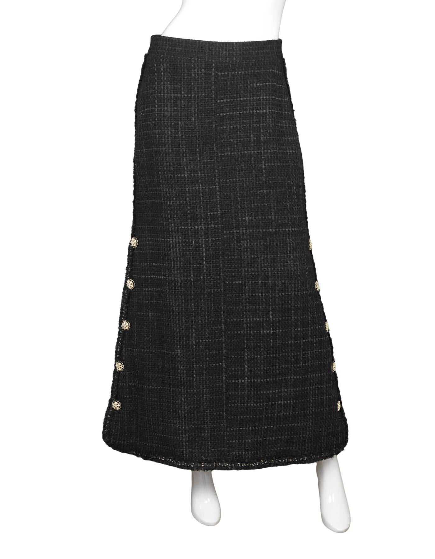 Chanel NEW Blue & Navy Tweed Maxi Skirt
Features decorative star buttons along sides

Made In: France
Year of Production: 2008
Color: Black and navy
Composition: 45% wool, 30% nylon, 25% polyester
Lining: Black, 100% silk
Closure/Opening: Back