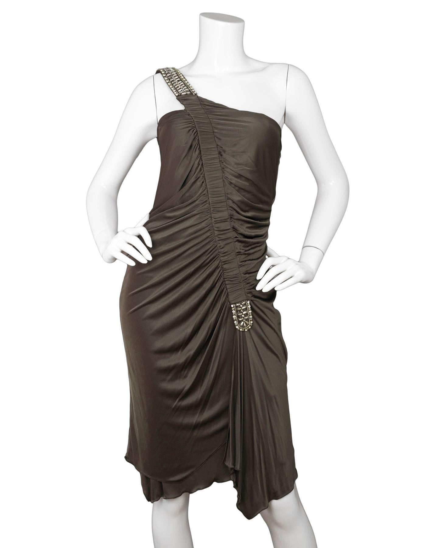 bronze one shoulder dress