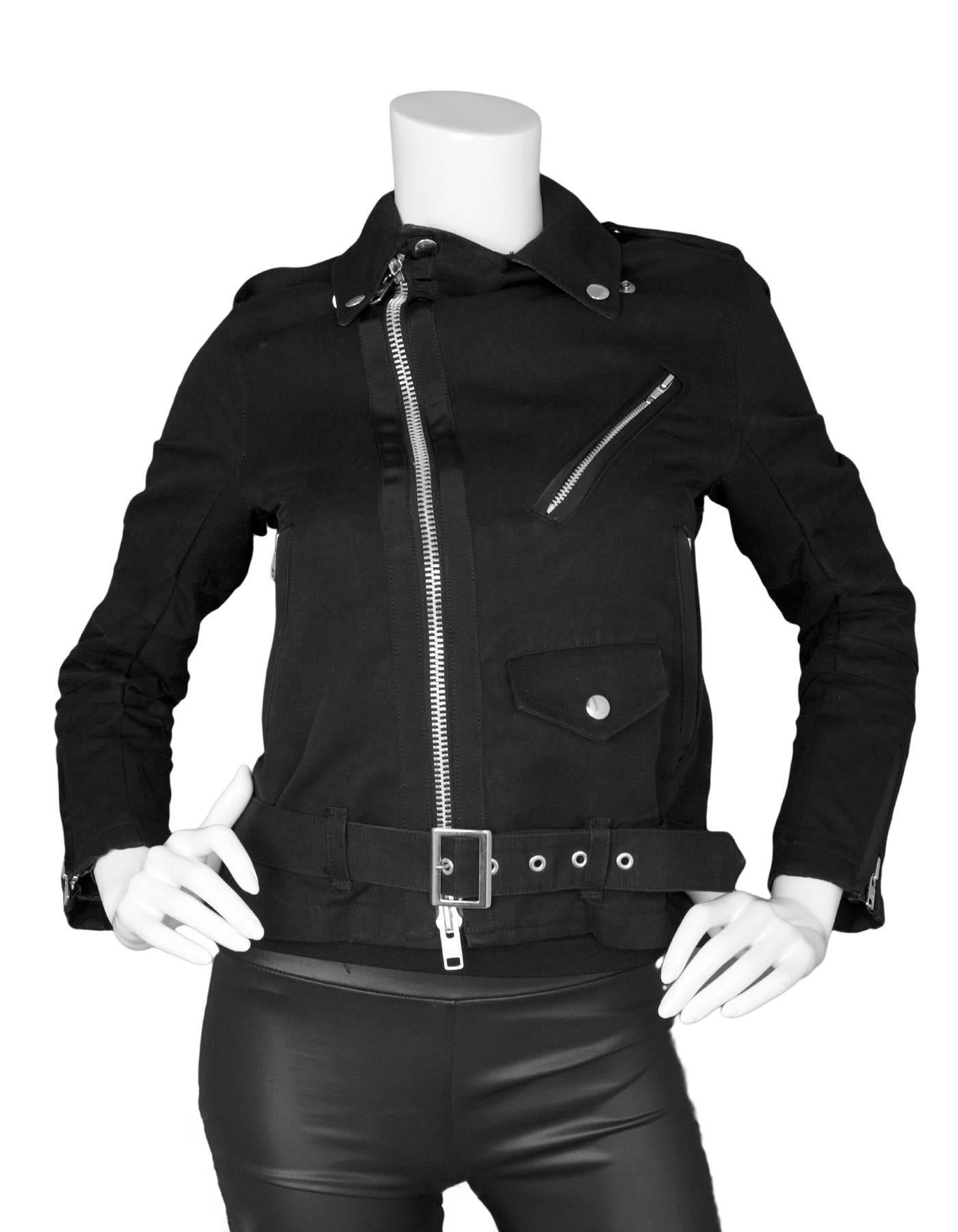 Sacai Black Cotton Moto Jacket sz US2
Features peplum hemline at back of jacket 

Made In: Japan
Color: Black
Composition: 58% cotton, 42% linen
Lining: Black, 100% cupro
Closure/Opening: Front zip up and waist belt
Exterior Pockets: Three zipper