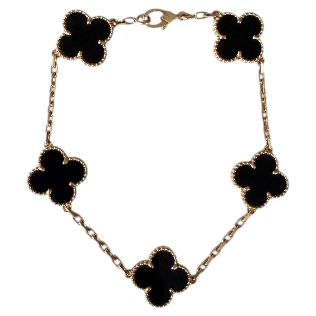 Van Cleef & Arpels 18K Yellow Gold/Black Onyx Alhambra Bracelet w/ Cert For Sale