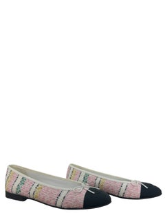 Chanel Pink Multicolor & Black Tweed & Grosgrain Cap Toe CC Ballerina Flat sz 39