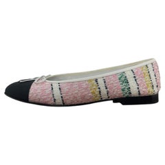 Chanel Pink Multicolor & Black Tweed & Grosgrain Cap Toe CC Ballerina Flat sz 39