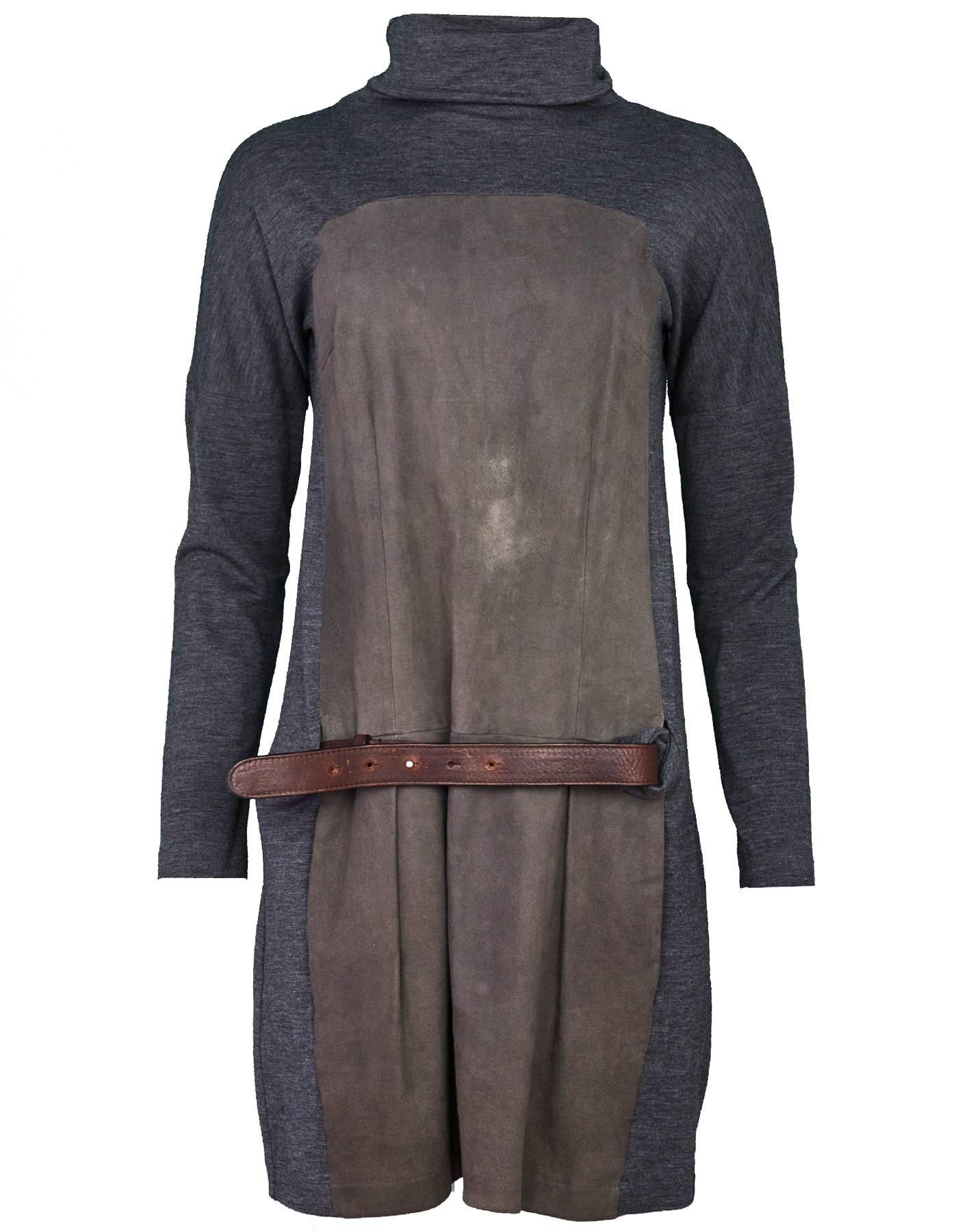 Brunello Cucinelli Grey Wool & Suede Dress Sz L

Color: Grey
Composition: 96% wool, 4% elastan
Lining: None
Closure/Opening: Pull-over
Overall Condition: Very good pre-owned condition with the exception of wear at front suede and at belt
Marked