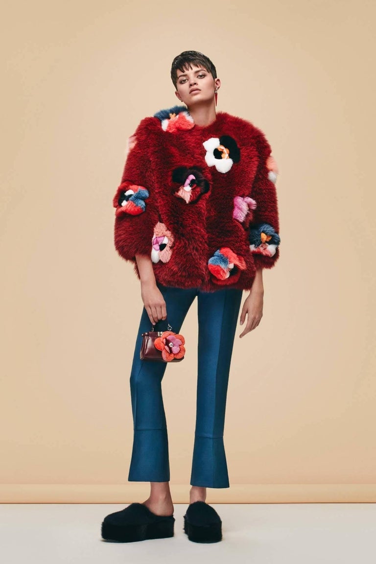 Fendi Ruby Red Fox Fur and Flower Applique Jacket Size