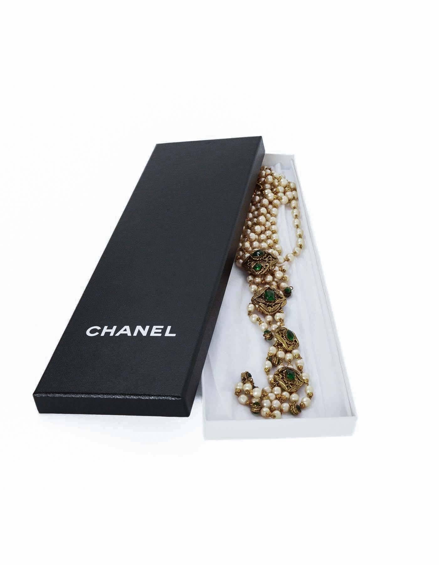 Women's Chanel Vintage '70s Multi-Strand Pearl & Green Gripoix Drop Necklace