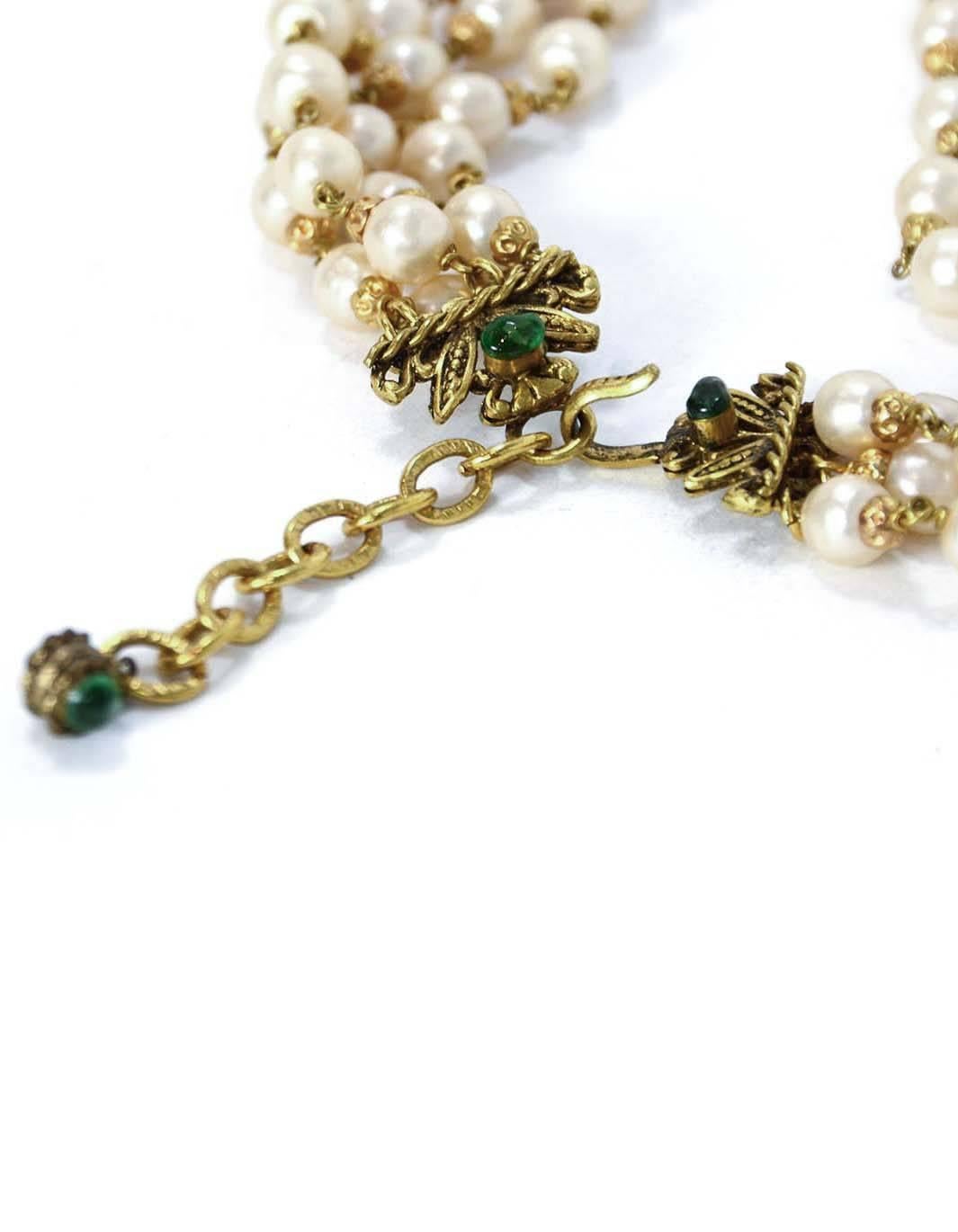 CHANEL Vintage '70s Multi-Strand Pearl & Green Gripoix Drop Necklace
Features four brass pendants with gripoix accents. Each pendant is dripping with pearl strands with green gripoix bead at ends. This necklace is such an amazing piece perfect