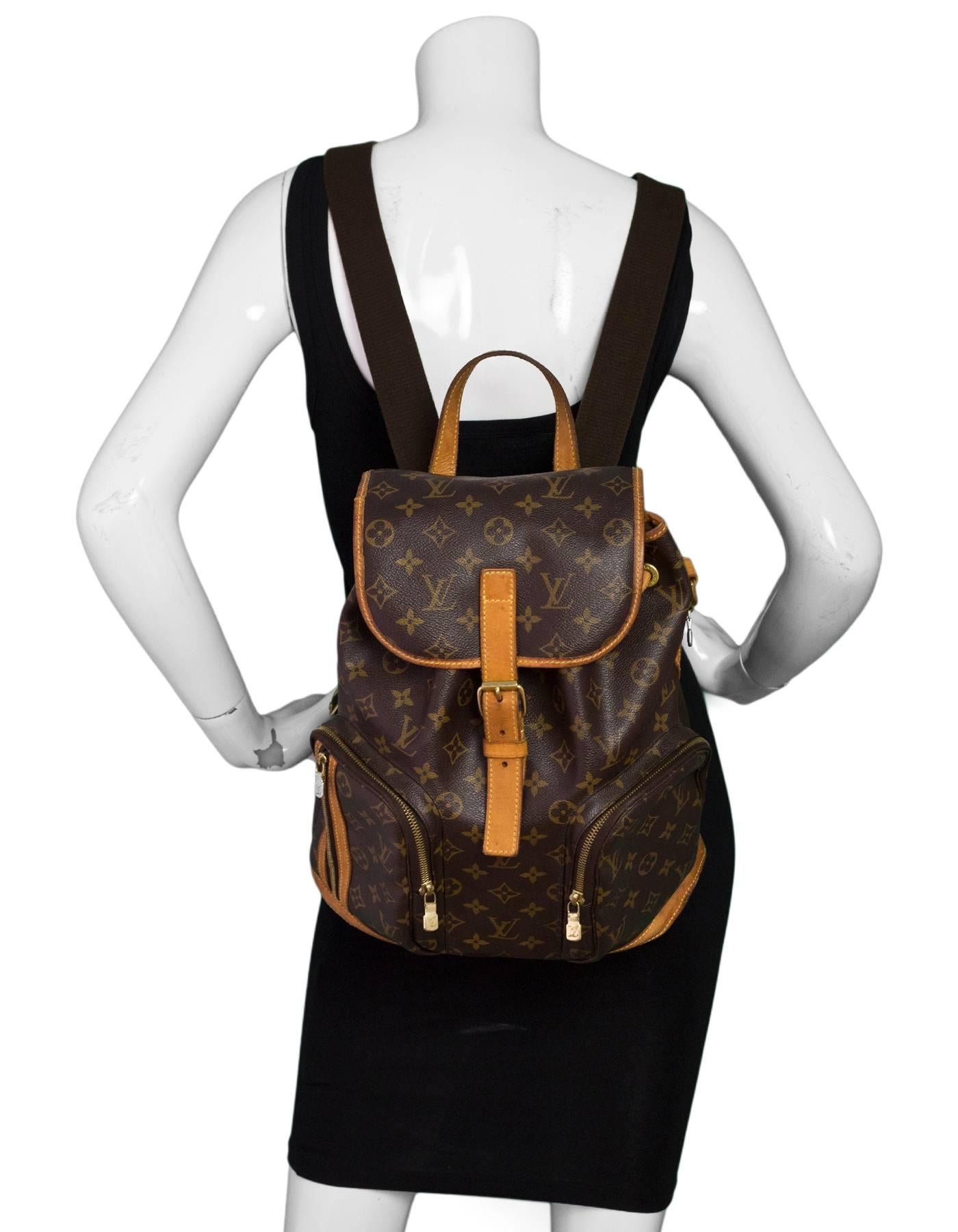 Louis Vuitton Monogram Bosphore Backpack

Made In: France
Year of Production: 2010
Color: Brown
Hardware: Goldtone
Materials: Coated canvas, vachetta leather
Lining: Brown canvas
Closure/Opening: Drawstring and flap top with buckle and notch