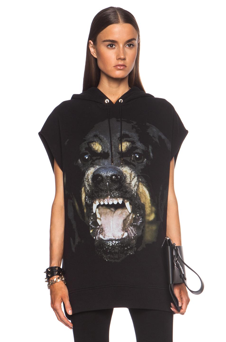 Givenchy Black Rottweiler Sleeveless Oversized Hoodie
This oversized hoodie can be worn with pants or alone as a short dress

Made In: Portugal
Color: Black
Composition: 100% cotton / Ribbs 97% cotton 3% elastane/ Cord 66% viscose 34%