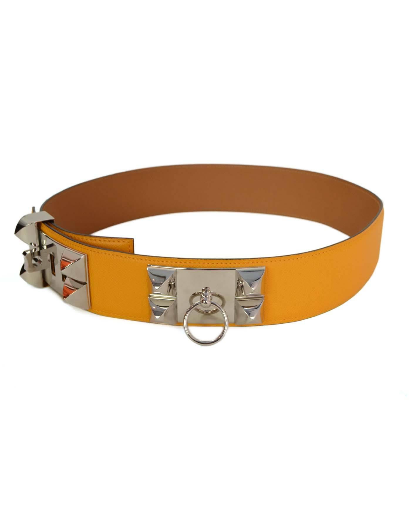 Hermes Yellow Epsom CDC Belt

Made in: France
Year of Production: 2012
Color: Yellow
Materials: Epsom leather and Palladium plated hardware
Closure: Stud and notch closure (with five adjustable notches)
Stamp: P stamp in square
Retail Price: $2,350