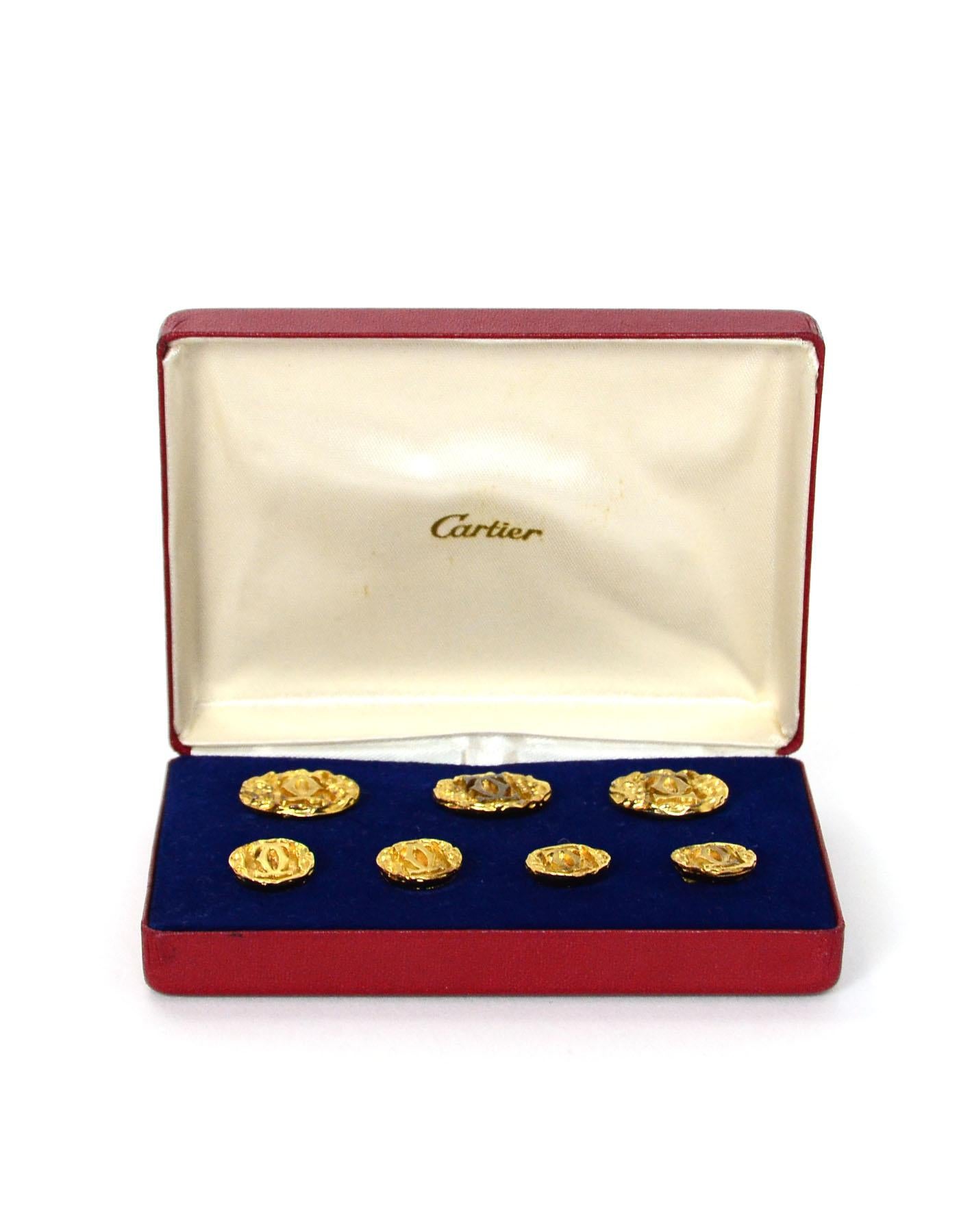 Cartier Set of 7 Vermeil Goldtone Logo Shank Buttons in Box 

Color: Goldtone
Materials:  Sterling 
Hallmarks:   On back of each button: 