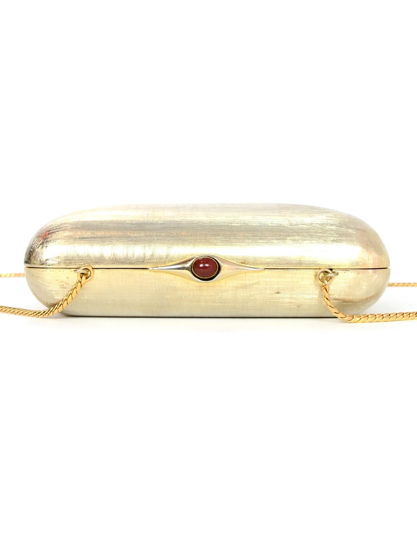 Women's Judith Leiber Gold Minaudiere Clutch Bag w. Stone Closure & Chain Strap 