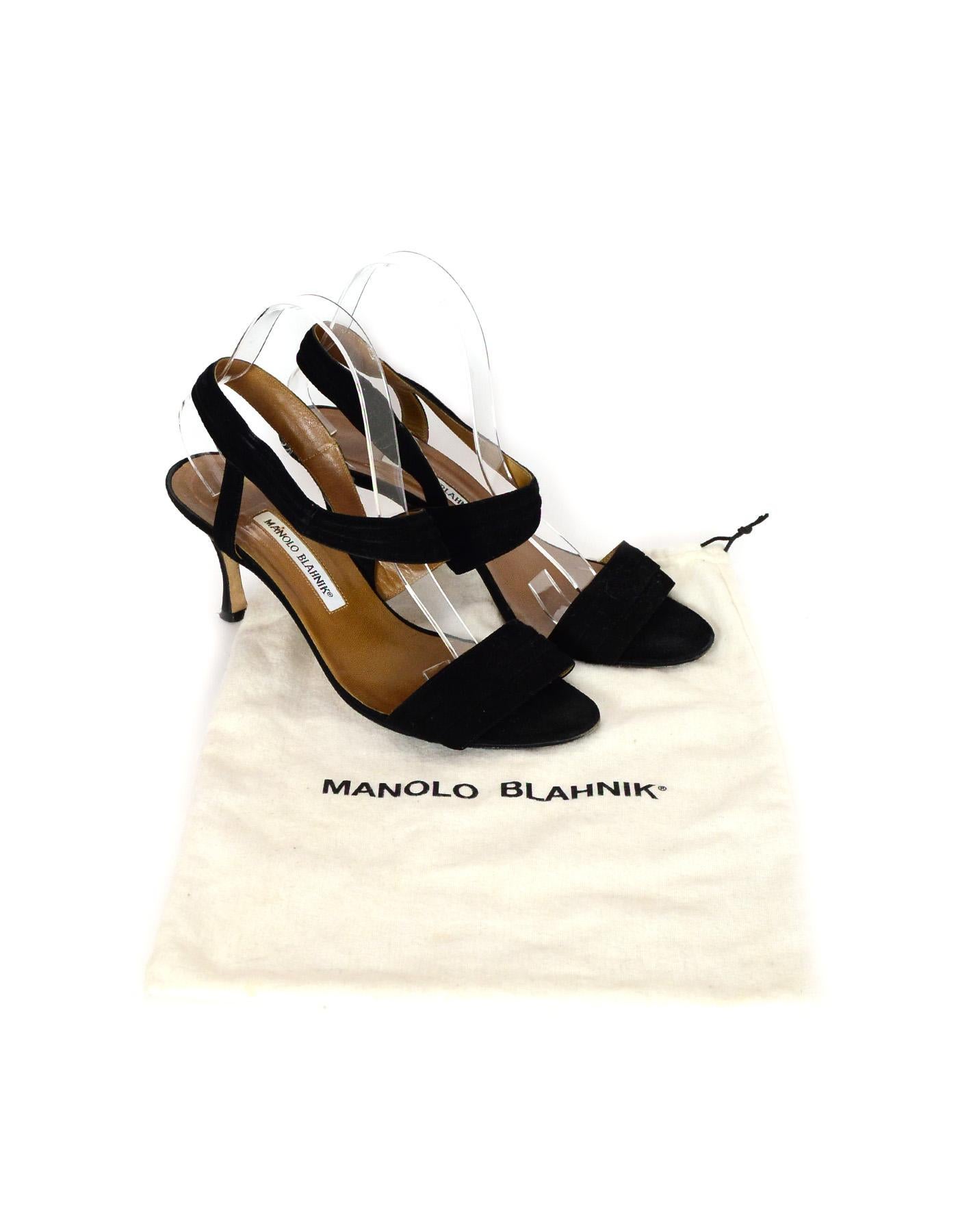 Manolo Blahnik Black Suede Ankle Strap Sandals Sz 39.5

Made In: Italy
Color: Black
Materials: Suede
Closure/Opening: Slide on
Overall Condition: Very good pre-owned condition, wear throughout suede
Includes: Dust bag

Measurements: 
Marked Size: