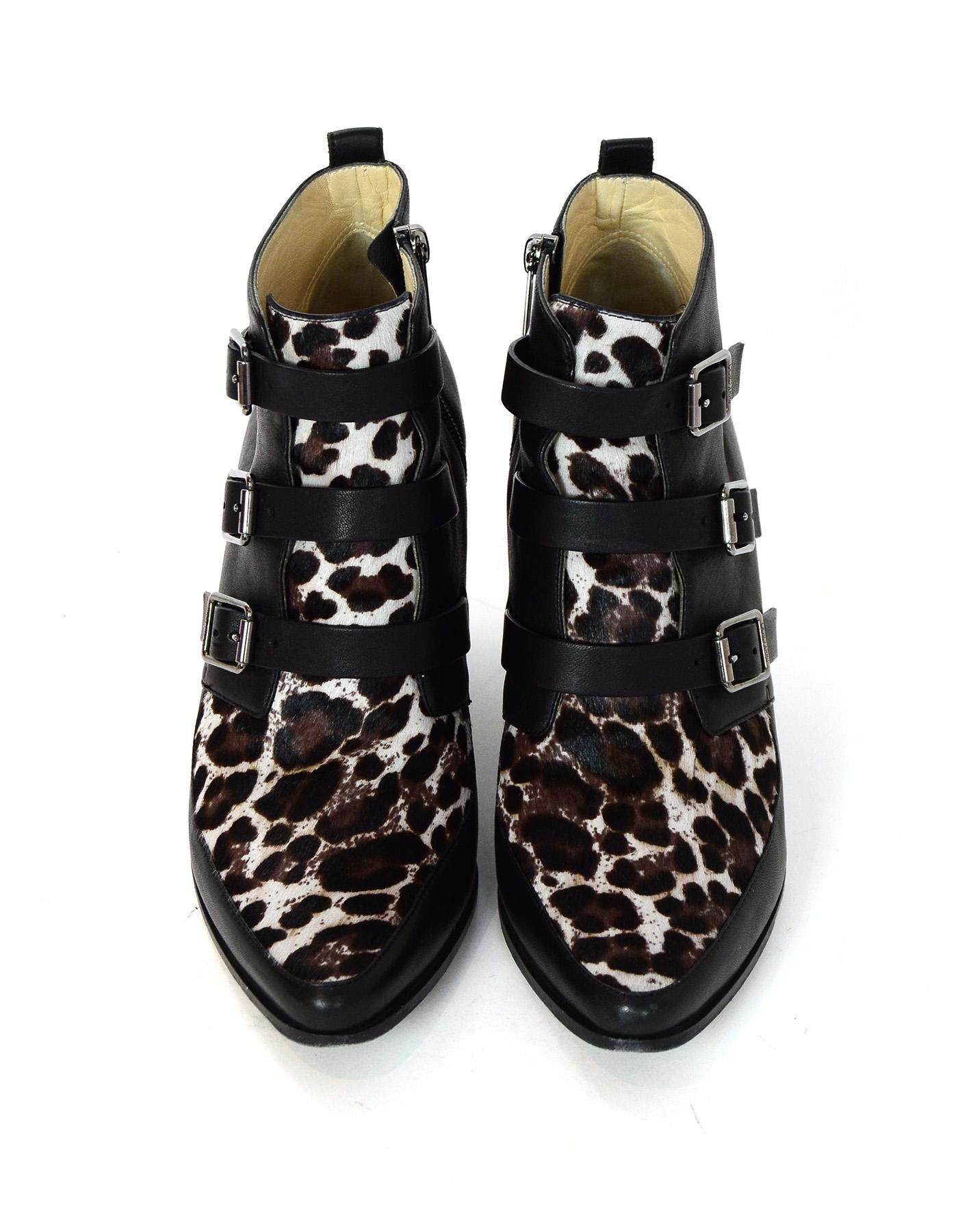 Jimmy Choo Black / Leopard Print Leather and Pony Hair Ankle Boots sz 40.5 In Excellent Condition In New York, NY