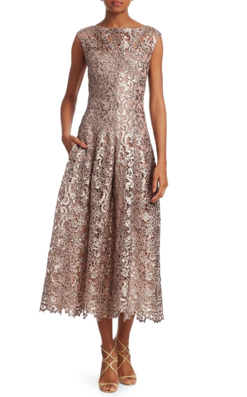 Talbot Runhof 2018 Metallic Rose Gold Pink Lace Sequin Midi Dress Sz 12

Made In: Germany
Year of Production:  2018
Color: Metallic pink
Materials: 100% polyester
Lining: 85% curpo, 15% elastane
Opening/Closure: Hidden back zipper
Overall Condition: