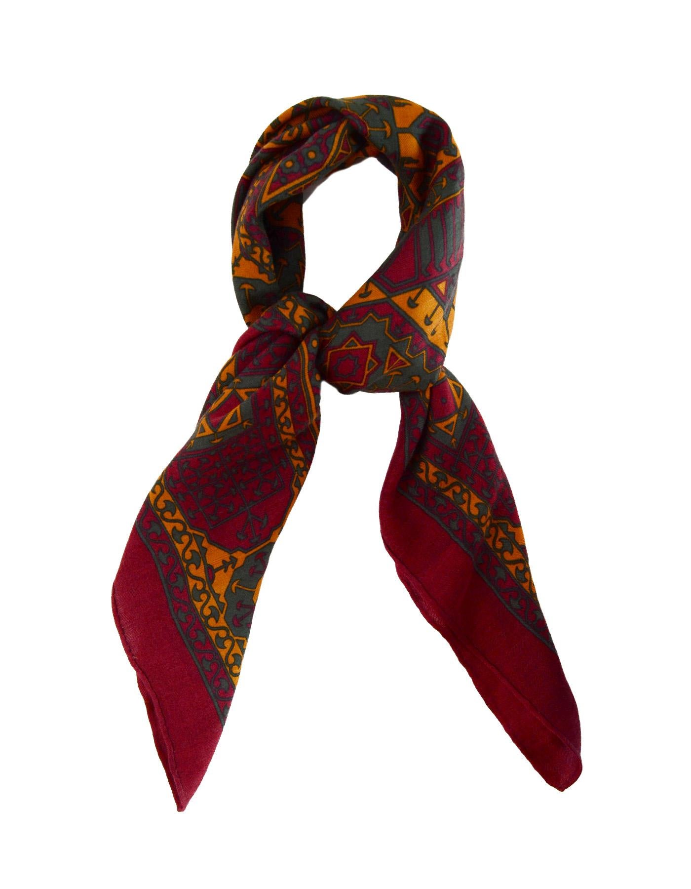 Hermes Maroon/Green/Mustard Silk/Cashmere Scarf 90cm

Made In: France
Color: Maroon, green, mustard
Materials:  65% cashmere, 35% silk
Overall Condition: Very good pre-owned condition with exception of some loose stitches at seam

Measurements: 
33