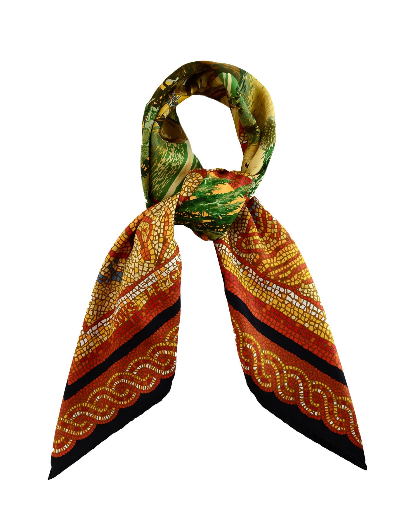 Hermes Orange/Yellow/Green Sous Le Cedre Mosaic Silk Scarf

Made In: France
Color: Orange, yellow, green
Materials:  100% silk
Overall Condition: Excellent pre-owned condition with small mark
Estimated Retail: $395 + tax

Measurements: 
34