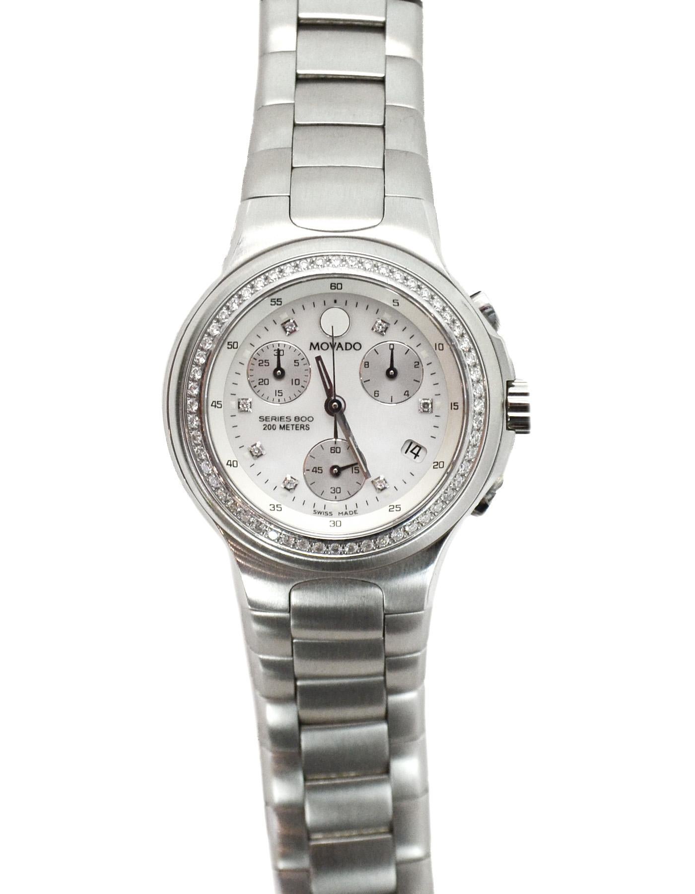 Movado Stainless Steel 30mm Series 800 Watch W/ Mother Of Pearl Face & Diamonds In Excellent Condition In New York, NY