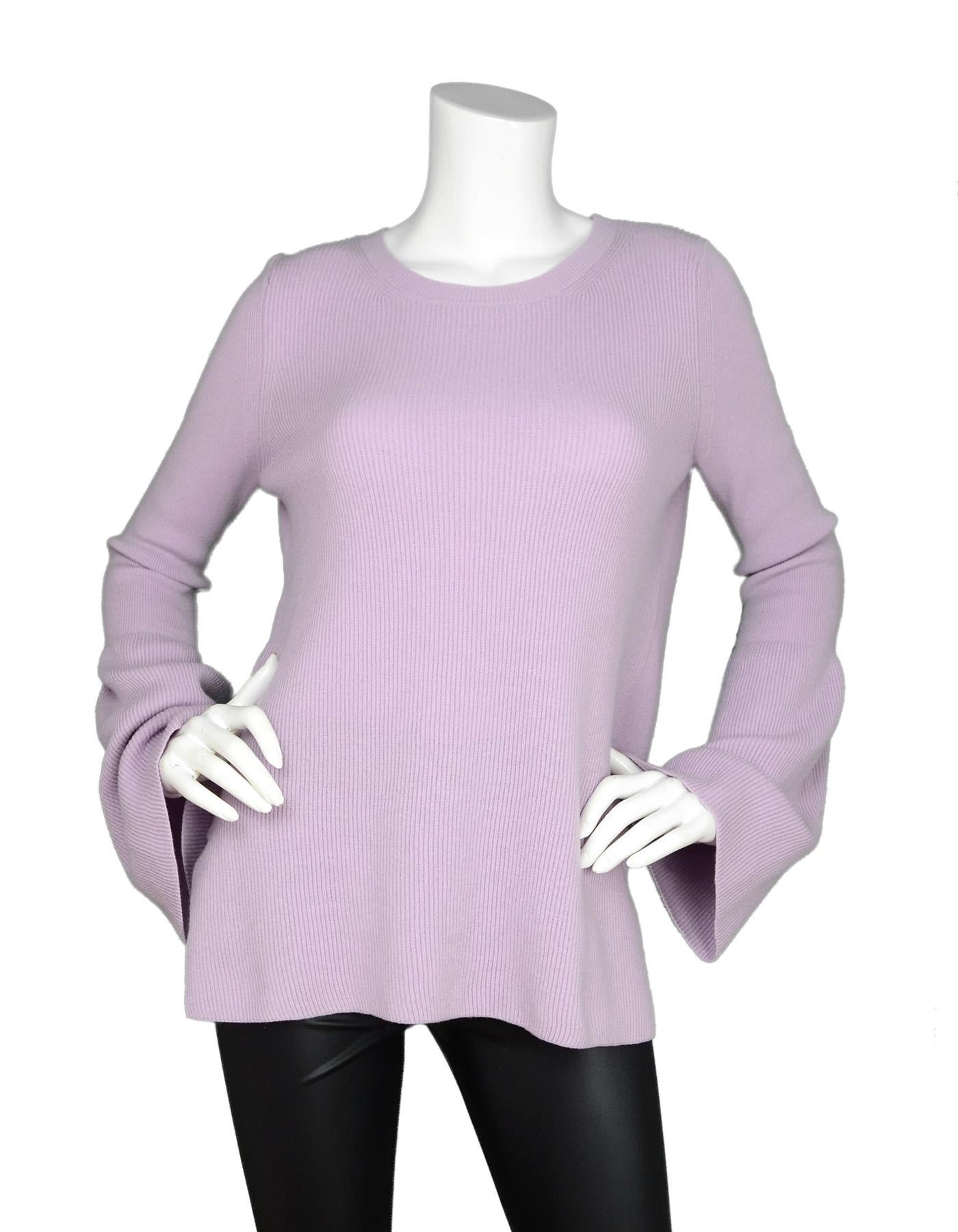 Stella McCartney NWT Lavender Wool High Low Rib Knit Sweater W/ Bell Sleeves Sz 42

Made In: Italy
Color: Lavender
Materials: 100% wool
Opening/Closure: Pullover
Overall Condition: New with tags condition 
Estimated Retail: $750 + tax
Includes: