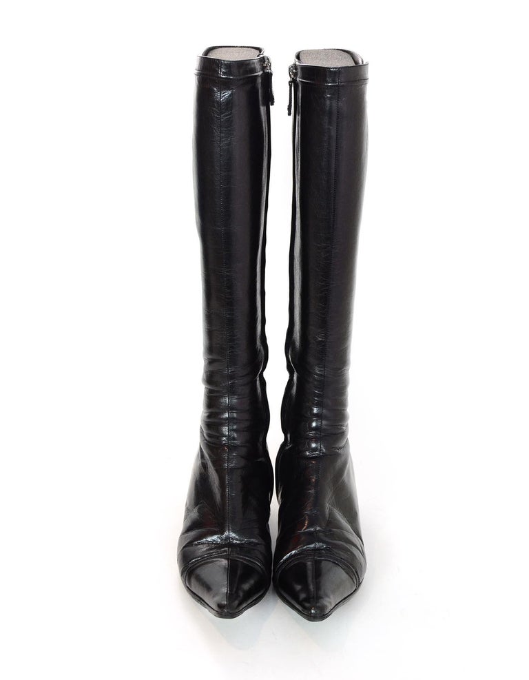 Chanel Black Kitten Heel Pointed Toe Boots W/ Embroidered CC Logo at