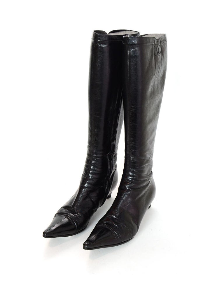 Chanel Black Kitten Heel Pointed Toe Boots W/ Embroidered CC Logo at