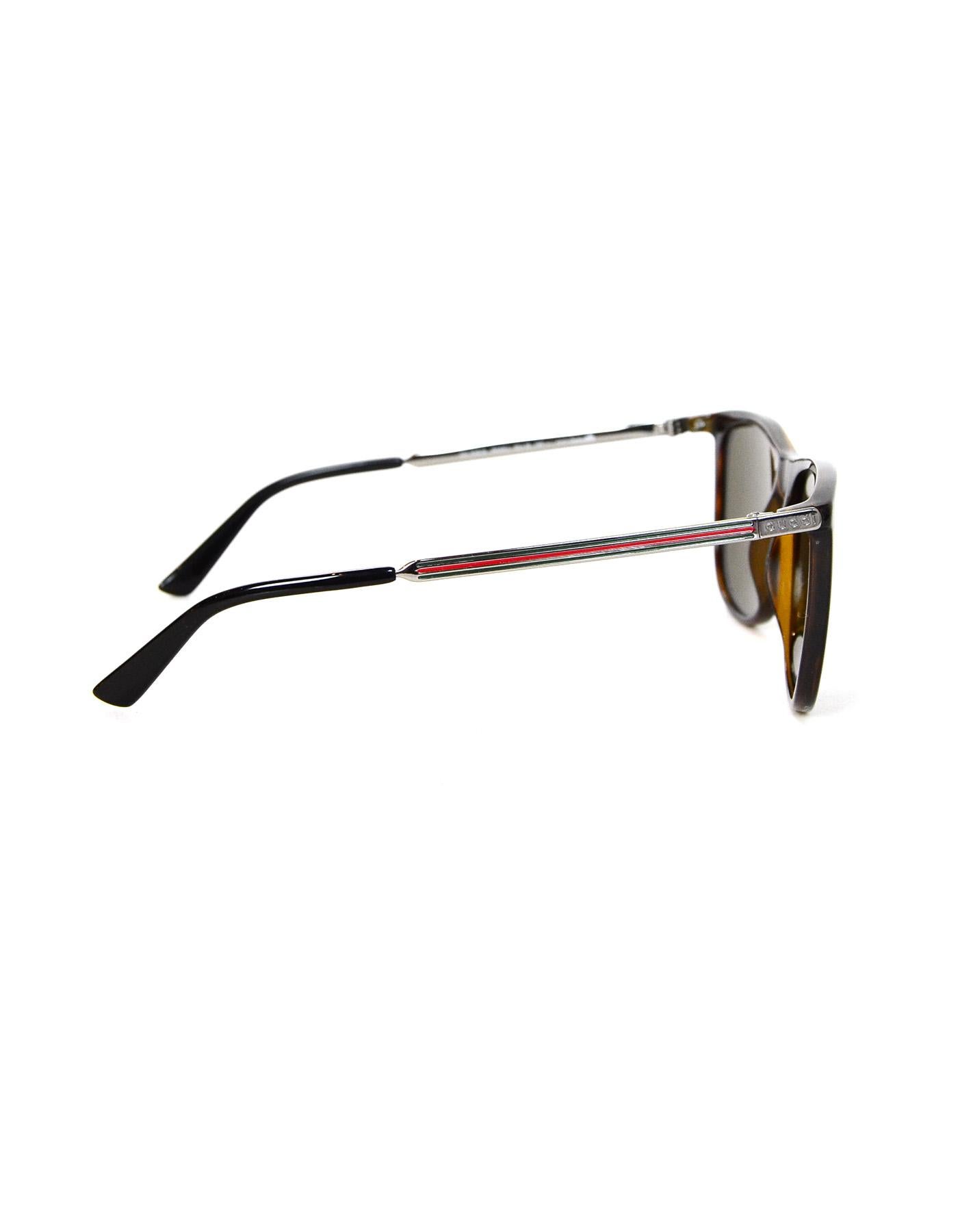 Gucci Brown Square-Frame Acetate Sunglasses W/ Metal Red/Green Arm Web In Excellent Condition In New York, NY