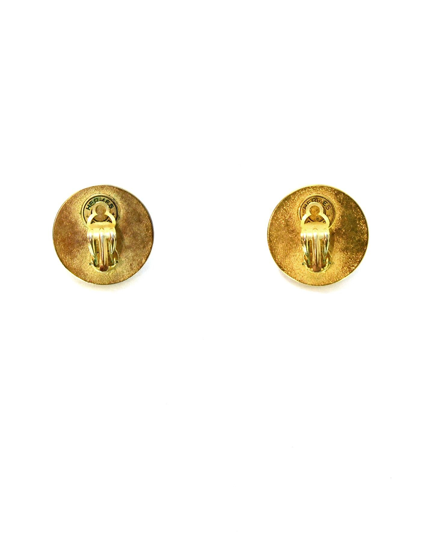 Women's Hermes Vintage '80s Beige Leather Goldtone Medor Stud Clip On Earrings