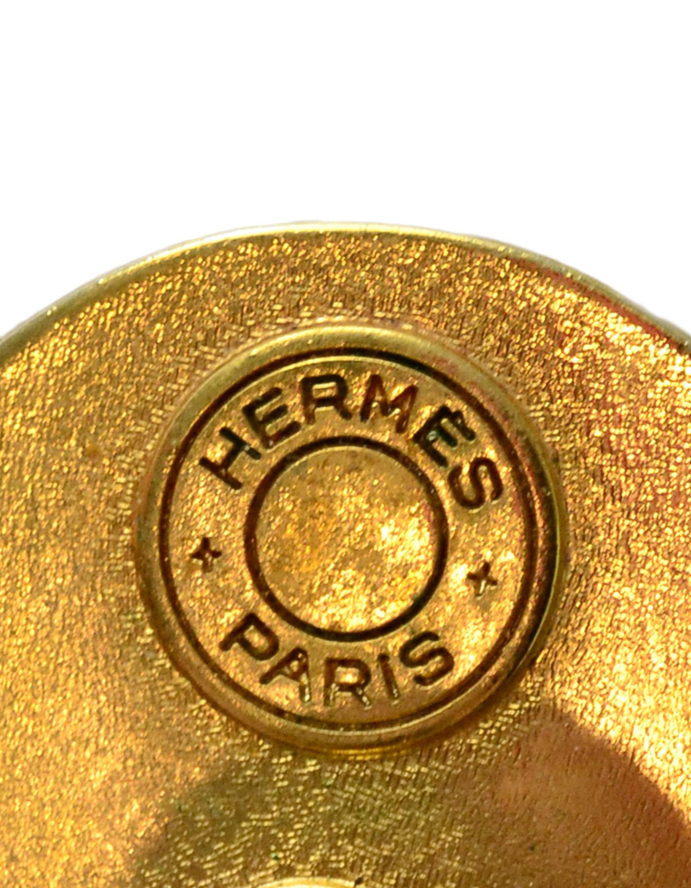 Hermes Vintage '80s Beige Leather Goldtone Medor Stud Clip On Earrings 1
