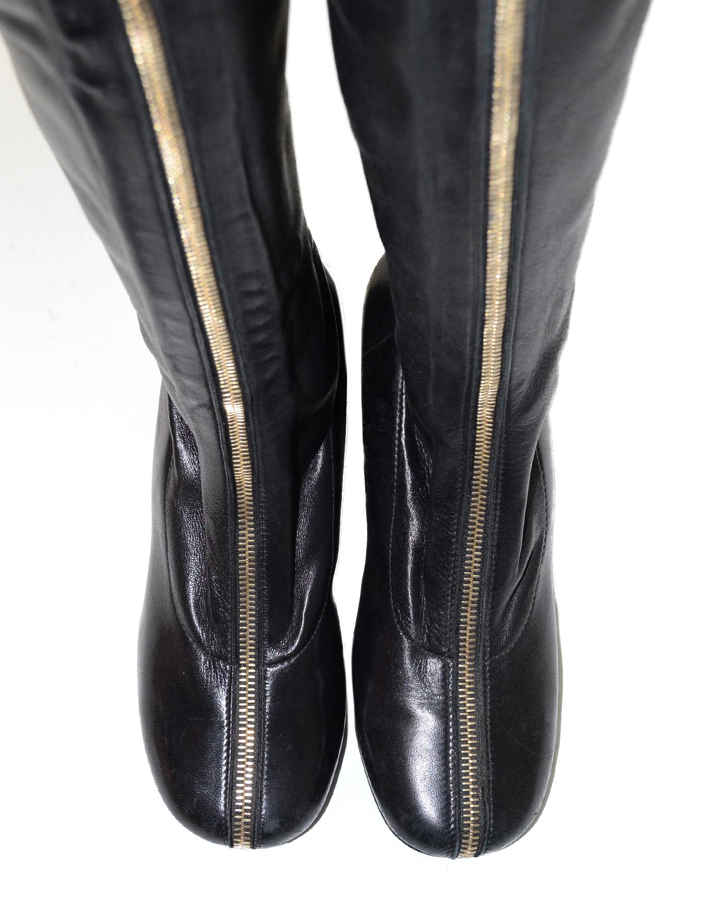 Chanel Black Over The Knee Goldtone Zipper Front Round Toe Boots Sz 6.5 In Good Condition In New York, NY
