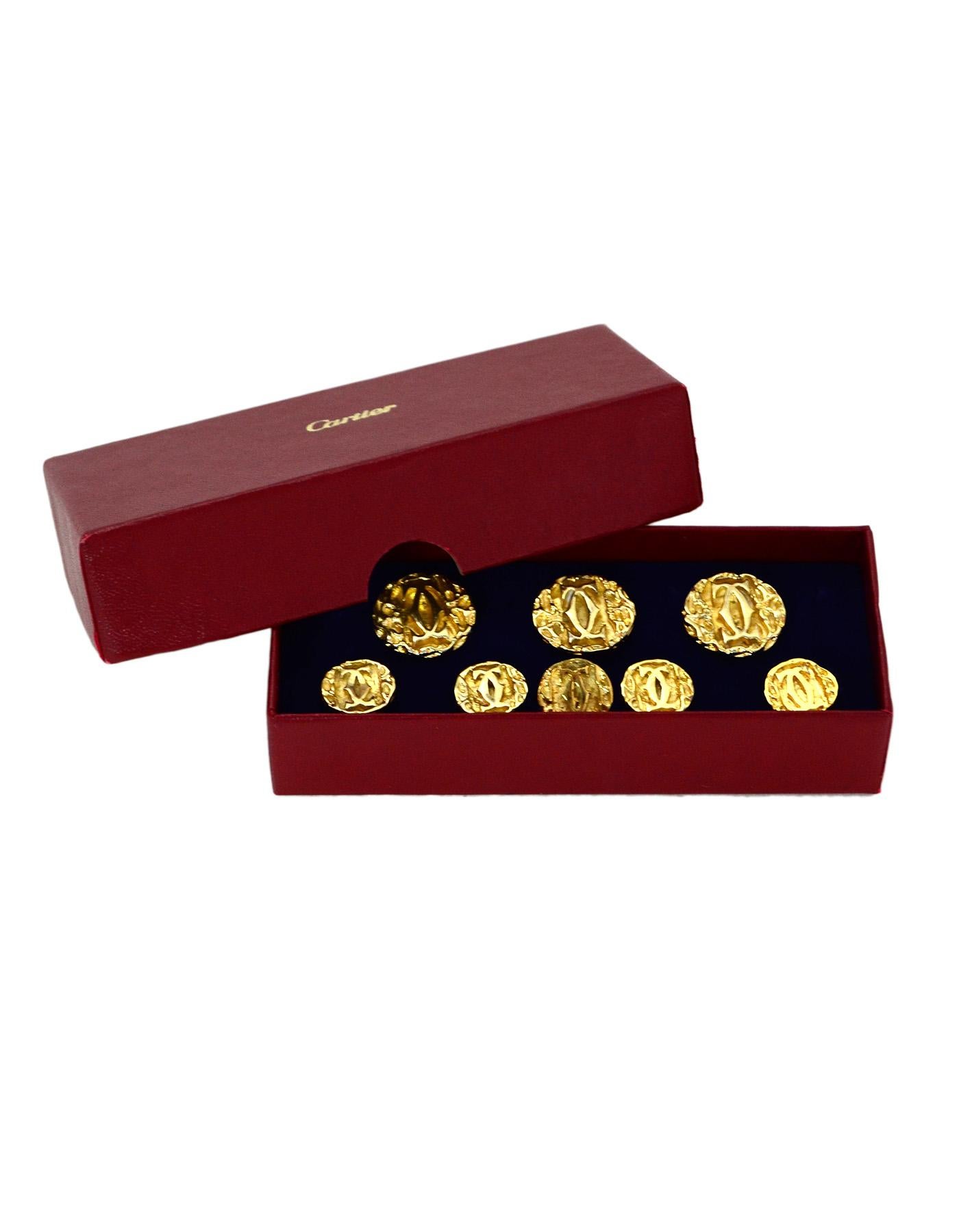 Cartier Set of 8 Vermeil Goldtone Logo Shank Buttons in Box 3 @ 20mm & 5 @ 13mm, Unisex

Color: Goldtone
Materials:  Vermeil sterling 
Hallmarks:   On back of each button: 