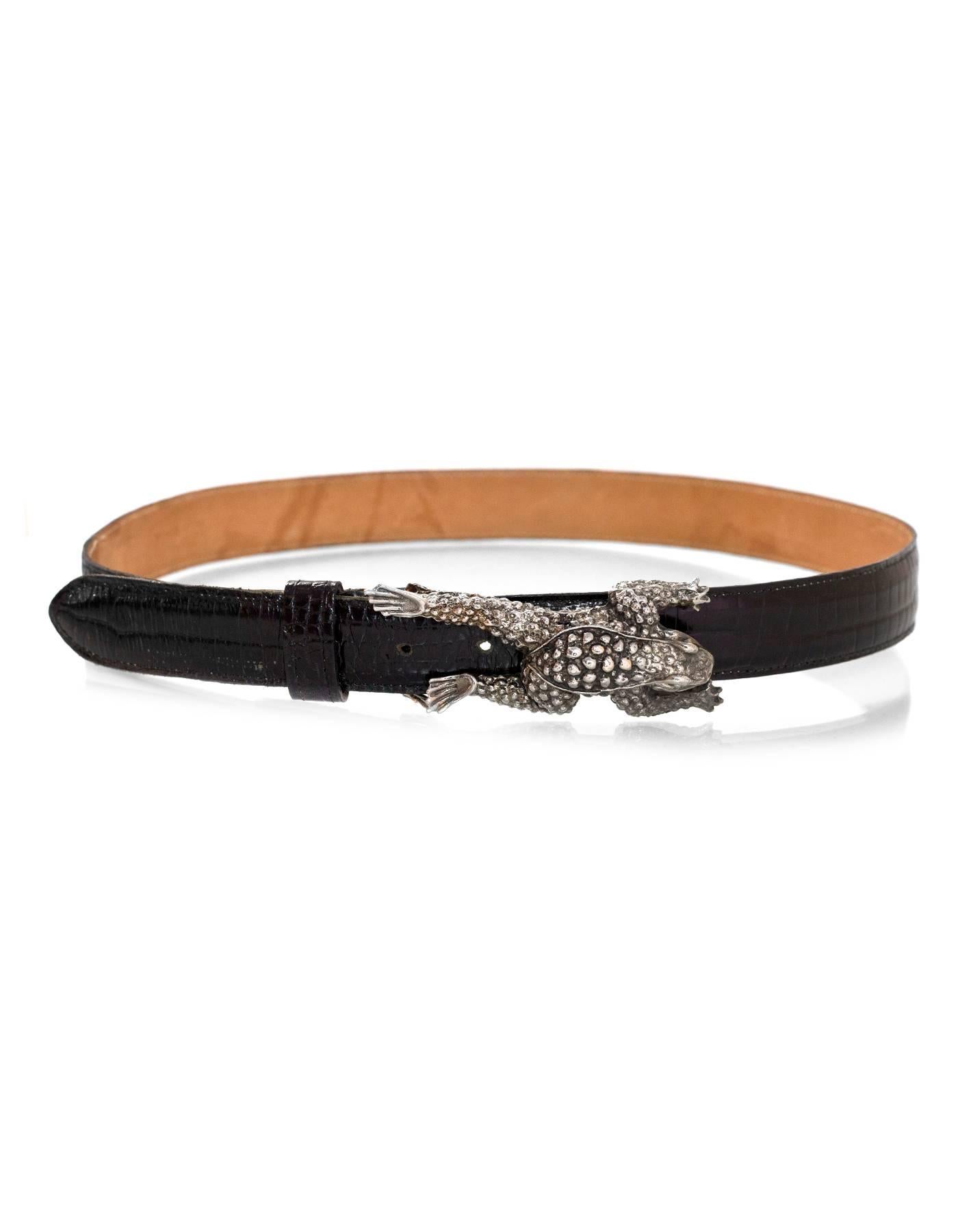 Brown  Kieselstein-Cord Sterling Silver Frog Buckle & Black Embossed Leather Belt