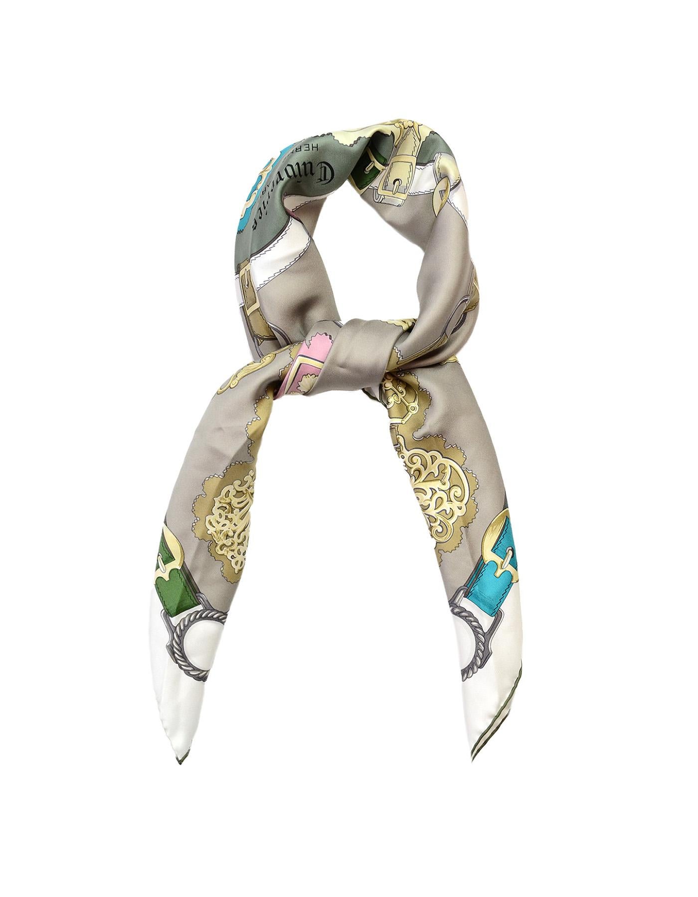 Hermes Grey/Multi-Color Cuivreries Buckle Print 90CM Silk Scarf W/ Box

Made In: France
Color: Grey and multi-color
Materials: 100% silk
Overall Condition: Excellent pre-owned condition
Estimated Retail: $395 + tax
Includes: Hermes