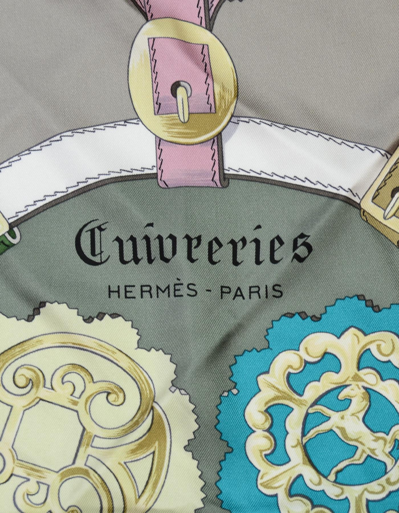 Hermes Grey/Multi-Color Cuivreries Buckle Print 90CM Silk Scarf W/ Box In Excellent Condition In New York, NY