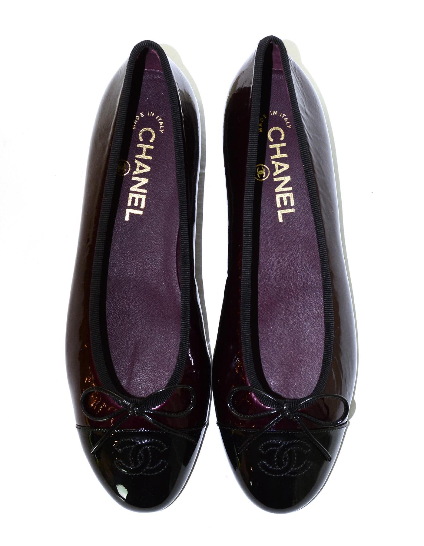 Women's Chanel New Bordeaux/Black Patent Leather Cap Toe CC Ballet Flats Sz 38