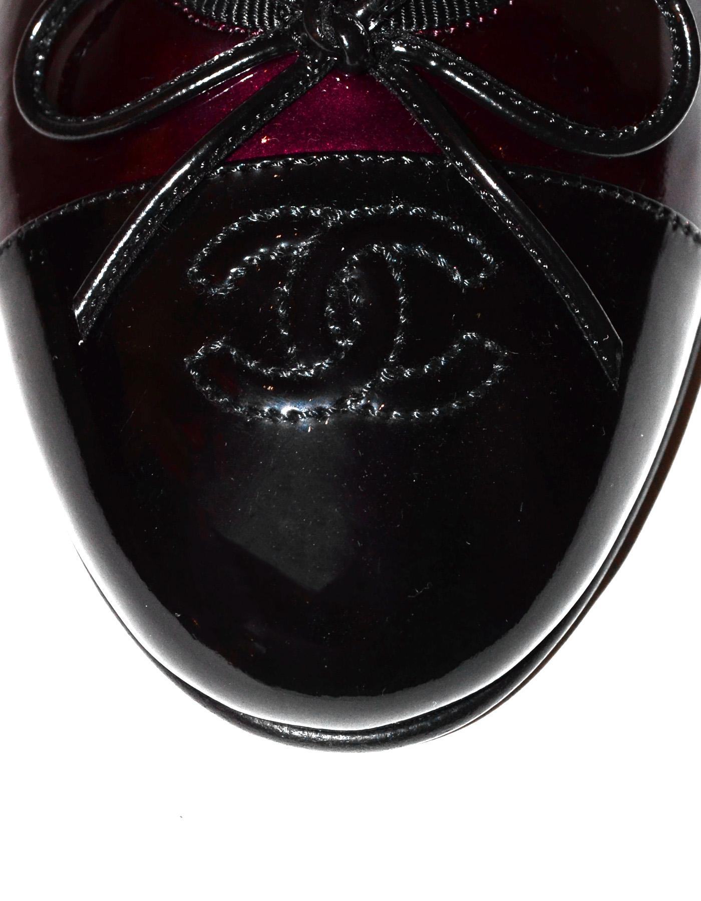 Chanel New Bordeaux/Black Patent Leather Cap Toe CC Ballet Flats Sz 38 1