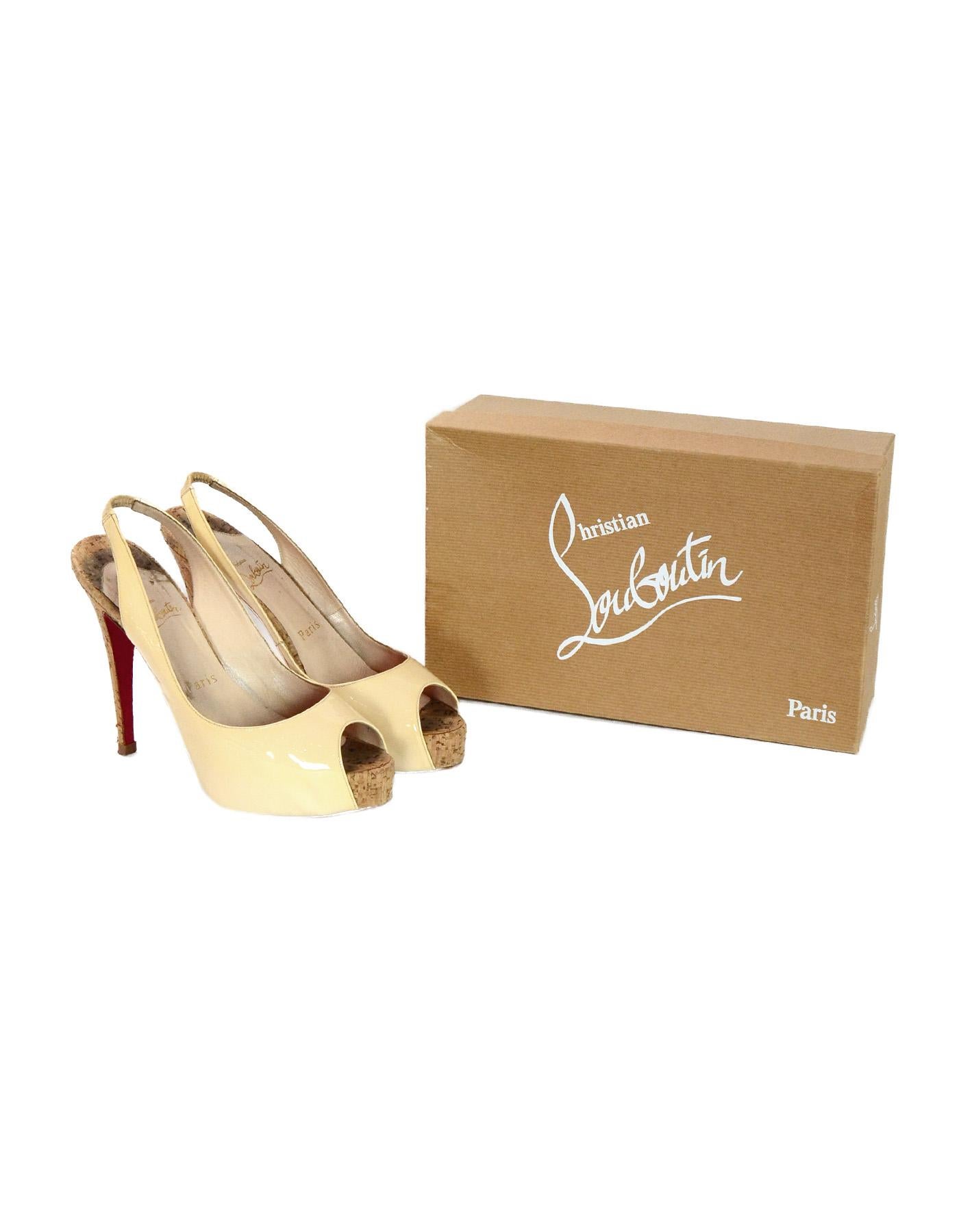 Christian Louboutin Beige Patent Leather So Private 120 Cork Slingback Pumps Sz 39.5

Made In: Italy
Color: Beige
Materials: Patent leather and cork
Closure/Opening: Slide on
Overall Condition: Very good pre-owned condition with the exception of