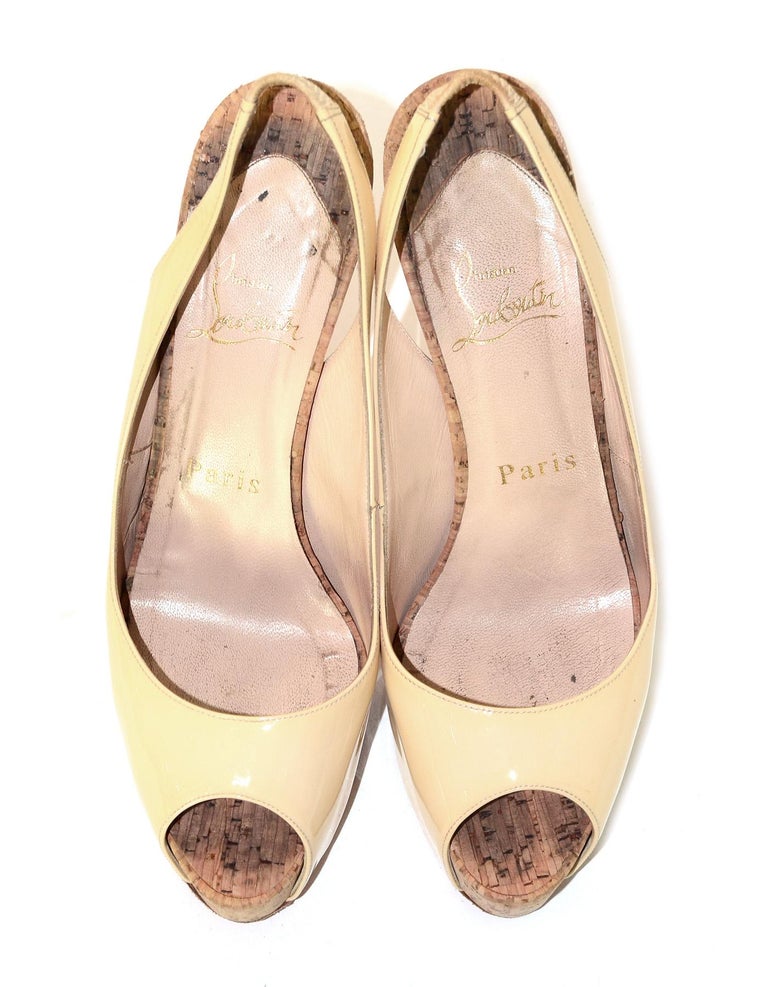Christian Louboutin Beige Patent Leather So Private 120 Cork Pumps Sz ...
