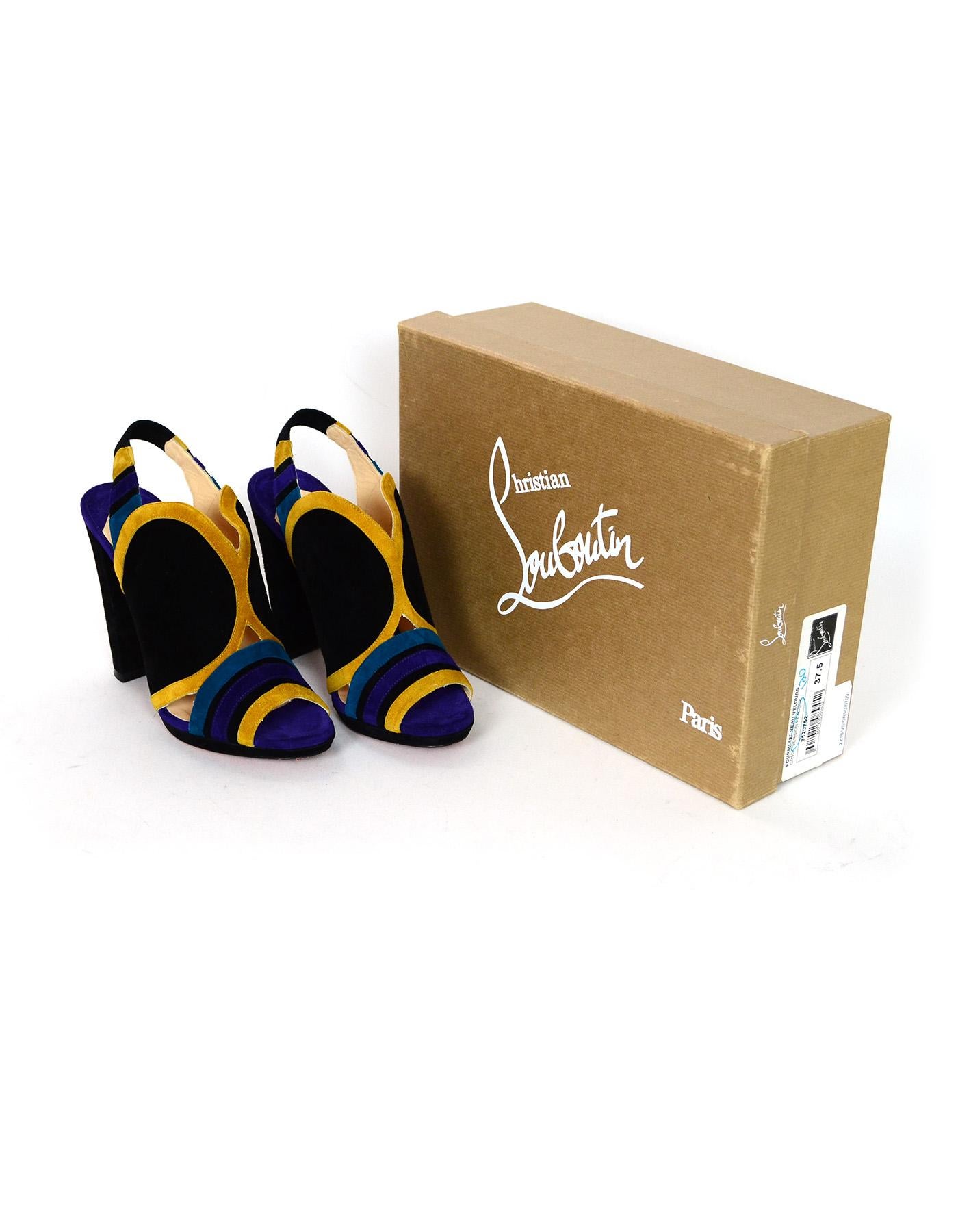 Christian Louboutin Peacock Multi Color Black, Blue, Purple, Gold Suede Fourmi 120 Open Toe Pumps Sz 37.5

Made In: Italy
Color: Multi-color black, blue, purple, gold
Materials: Suede
Closure/Opening: Slide on
Overall Condition: Excellent pre-owned