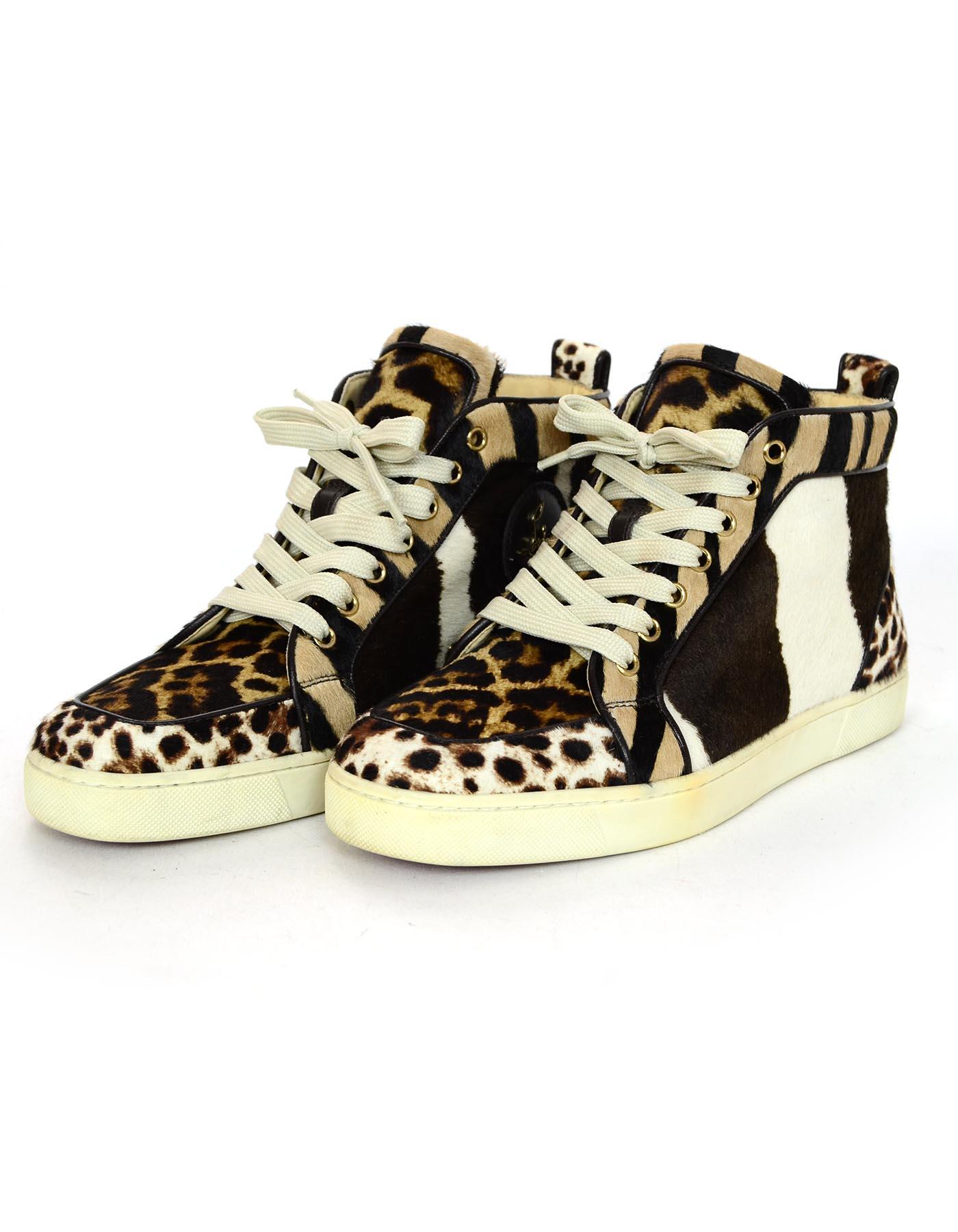 White Christian Louboutin Leopard Calfskin High Top Sneakers Sz 40