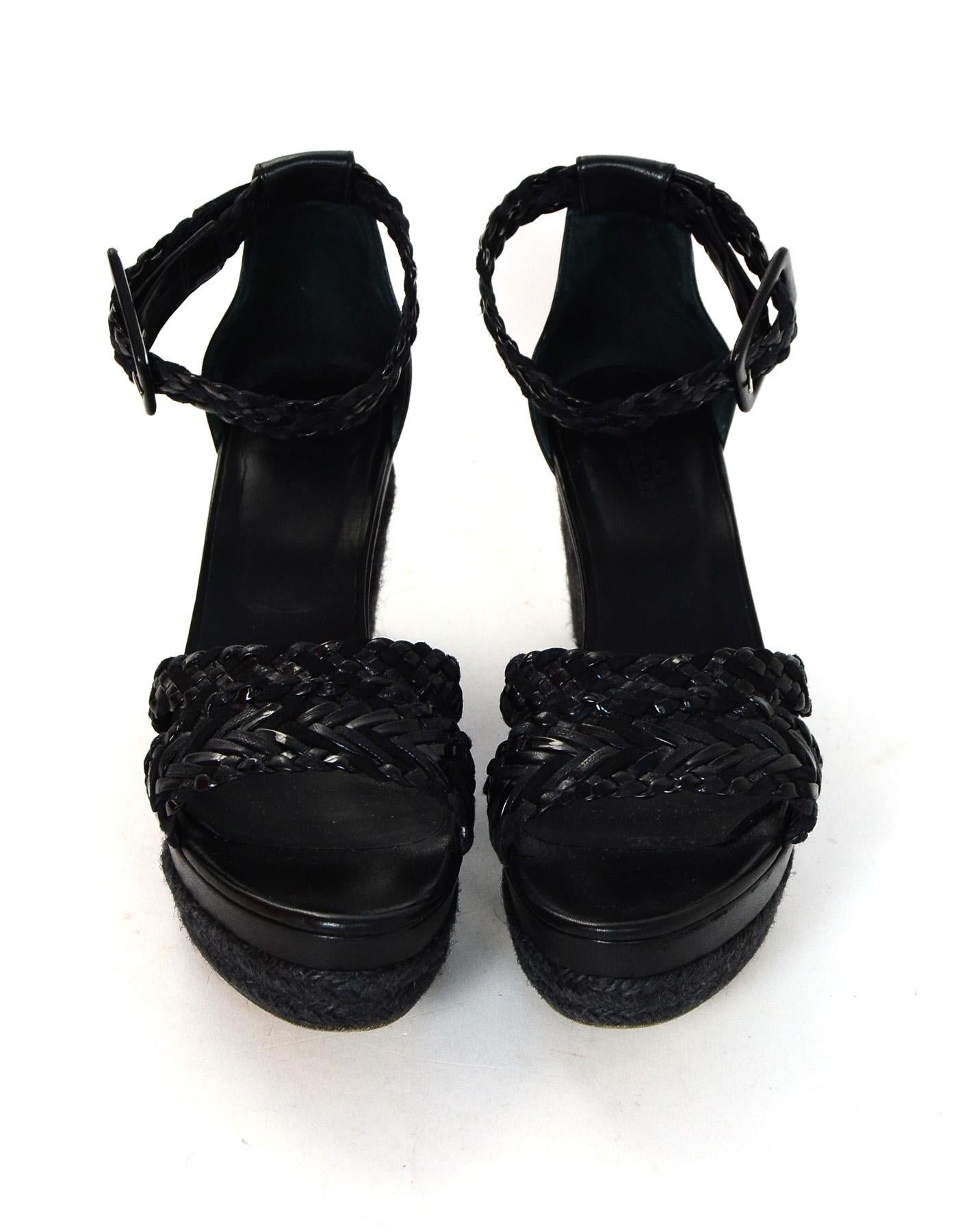 Women's Hermes Black Woven Leather Wedge Sandals Sz 38