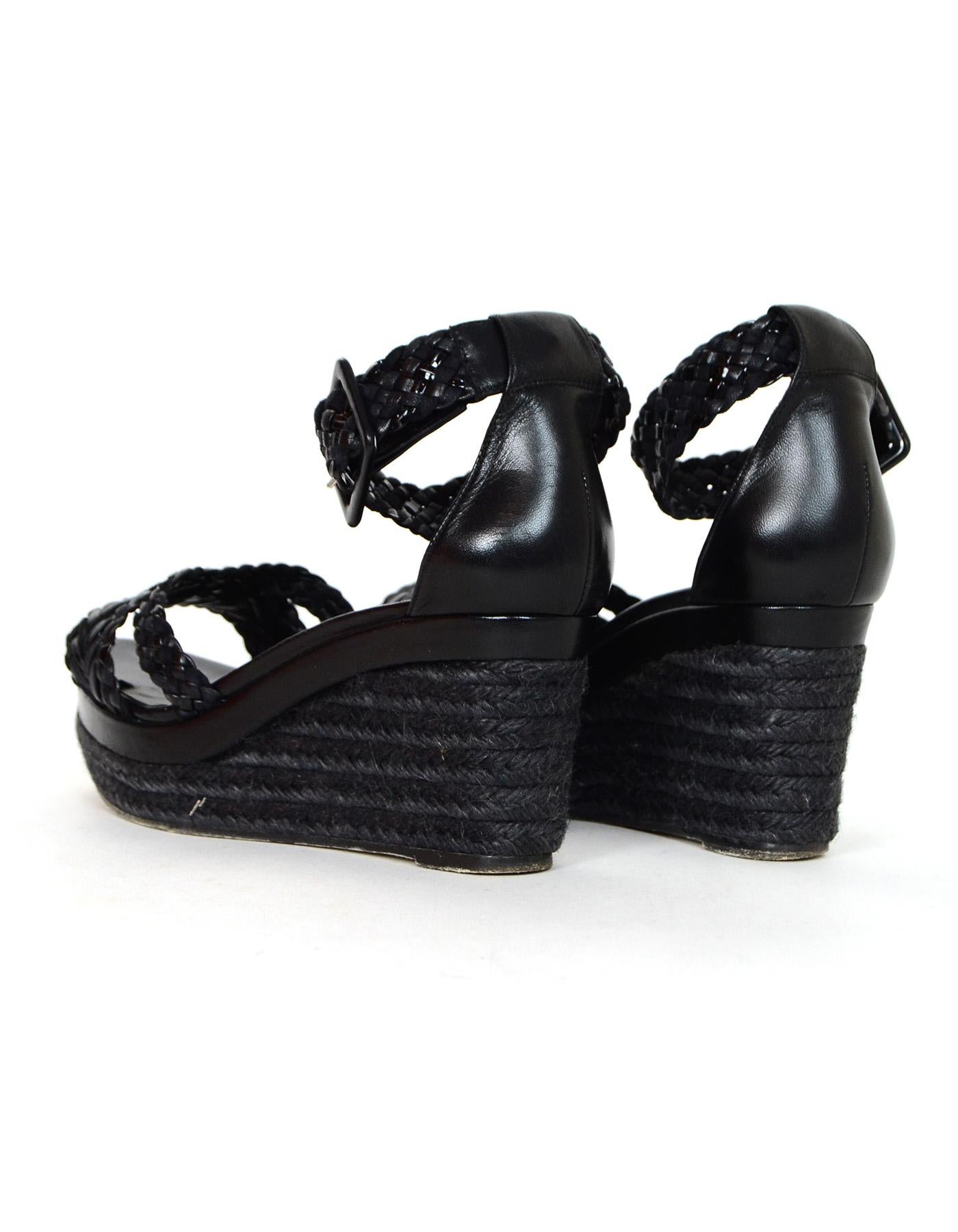 Hermes Black Woven Leather Wedge Sandals Sz 38 In Excellent Condition In New York, NY