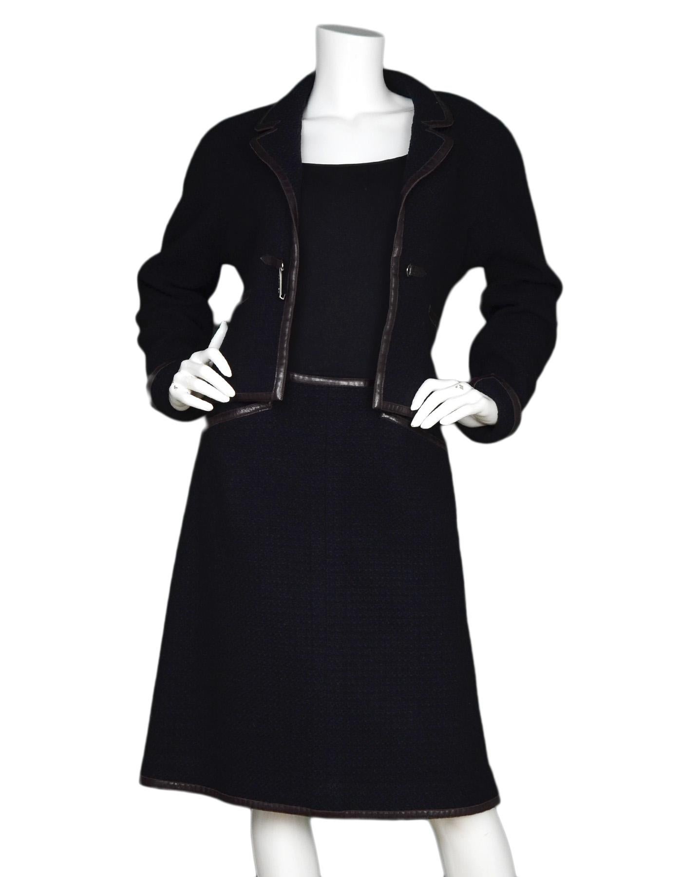 Women's Chanel Black Wool Cropped Jacket W/ Brown Leather Trim Sz 44