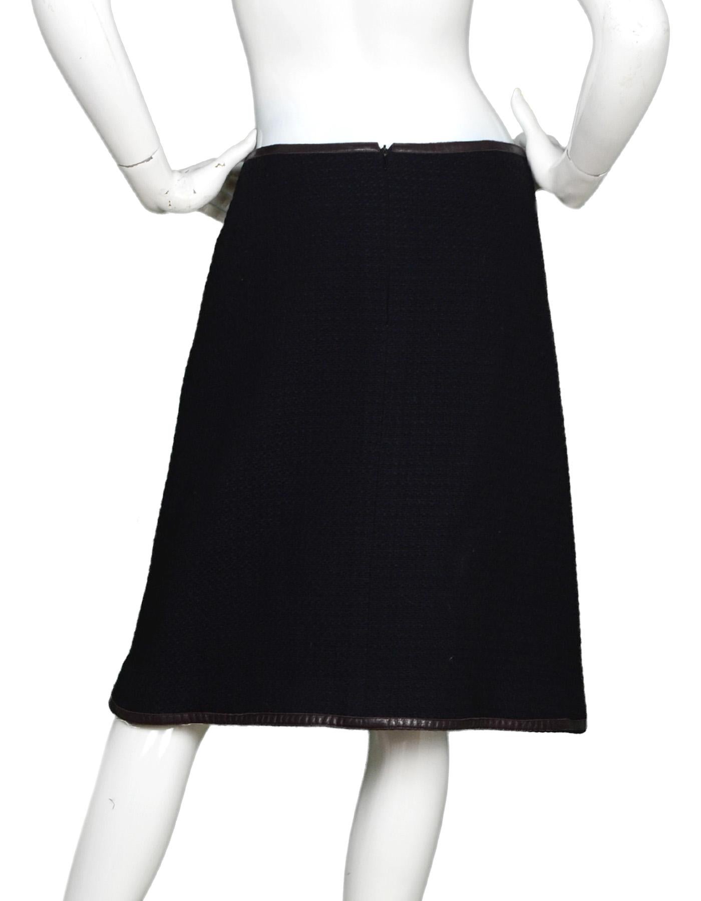 Chanel Black Wool Pencil Skirt W/ Leather Trim Sz 44 In Excellent Condition In New York, NY