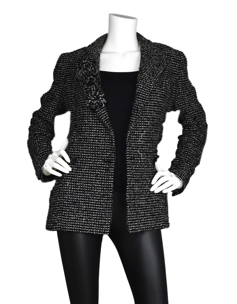 Chanel Black/White Tweed Jacket W/ Flowers On Collar Sz 40 For Sale at ...