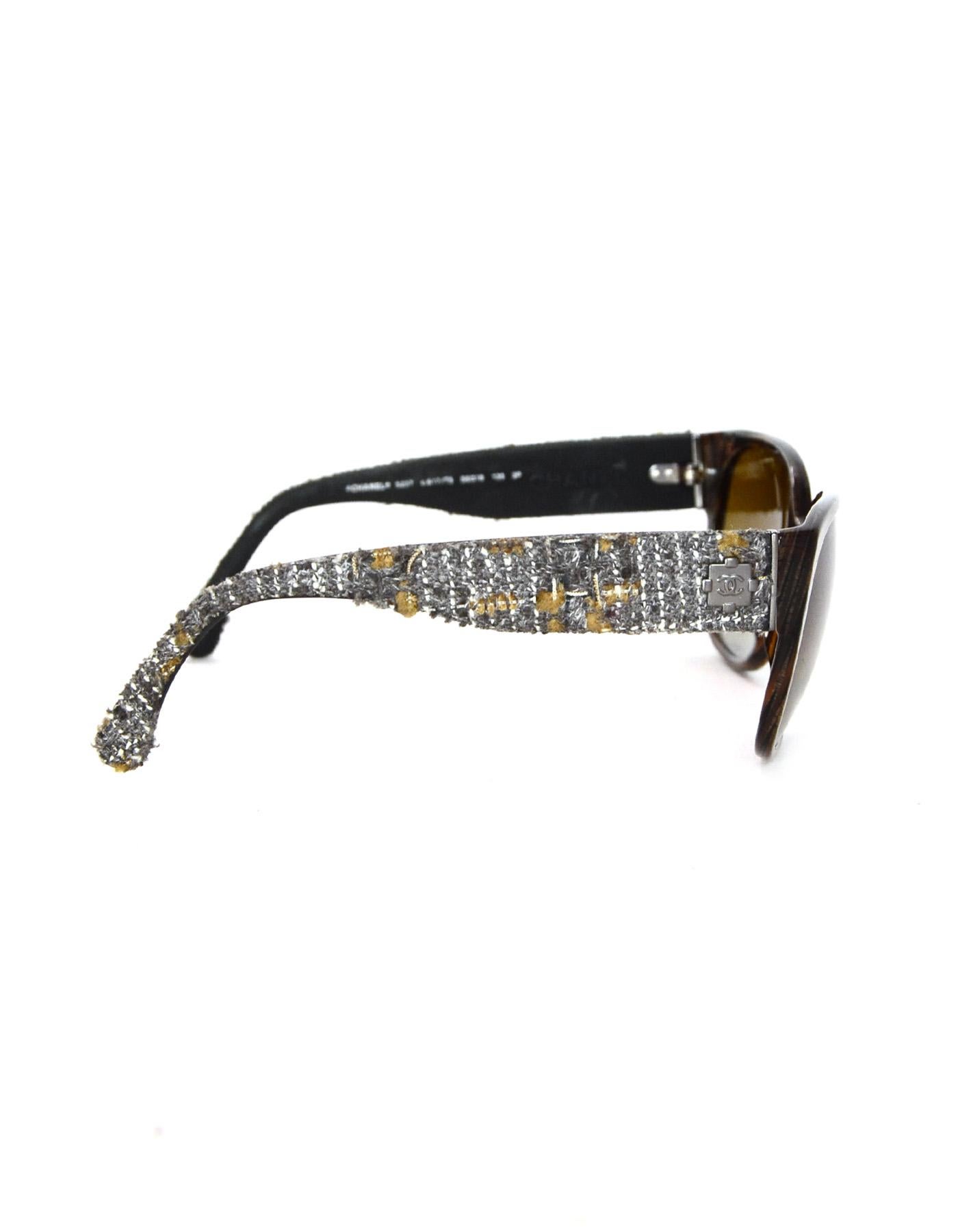 Chanel Brown Sunglasses W/ Tweed Arm & Boy CC Logo W/ Case & Dust Bag 1